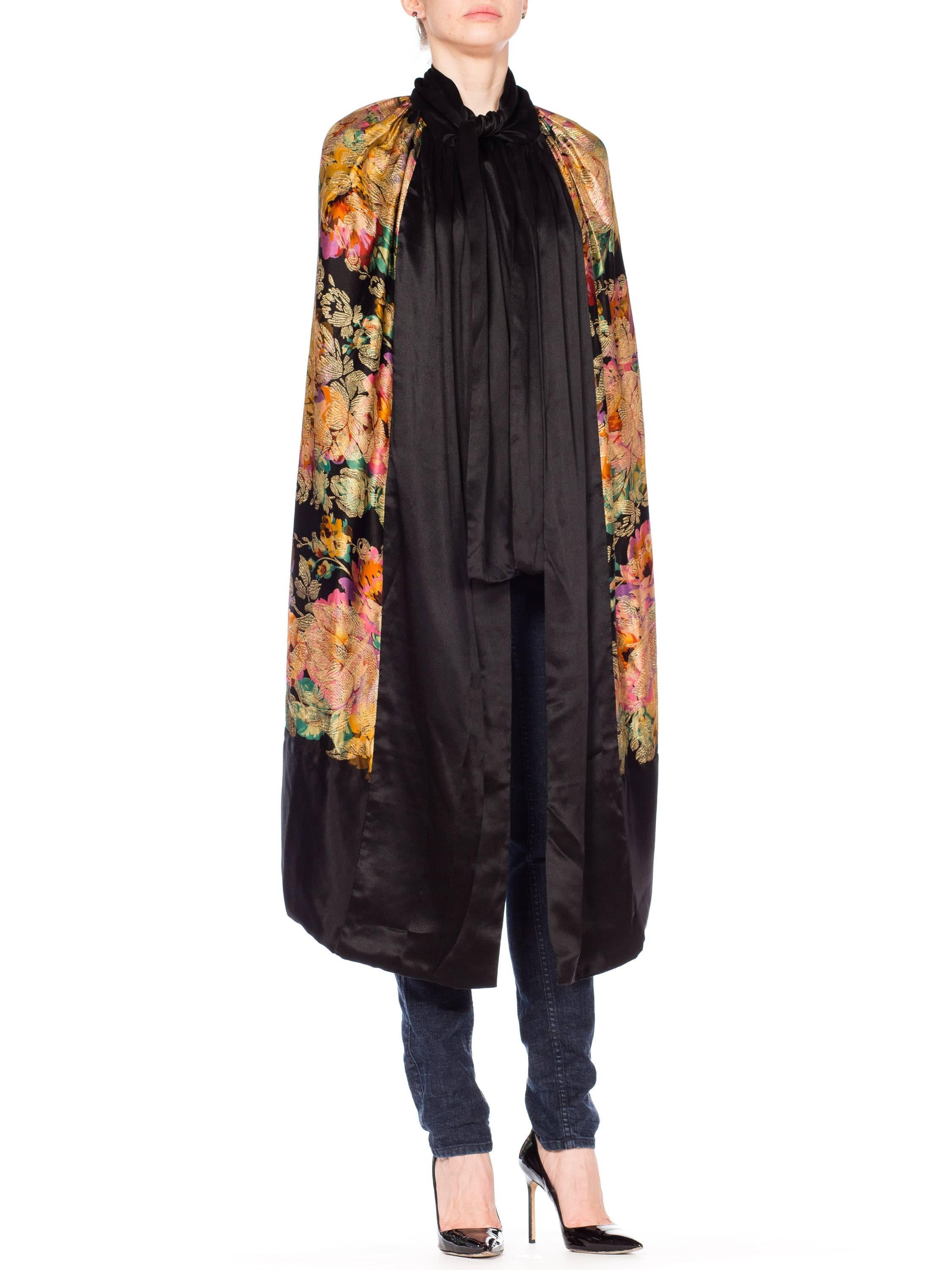 1920s Art Deco Floral Silk Lamé Cape with Satin Borders and Neck Tie