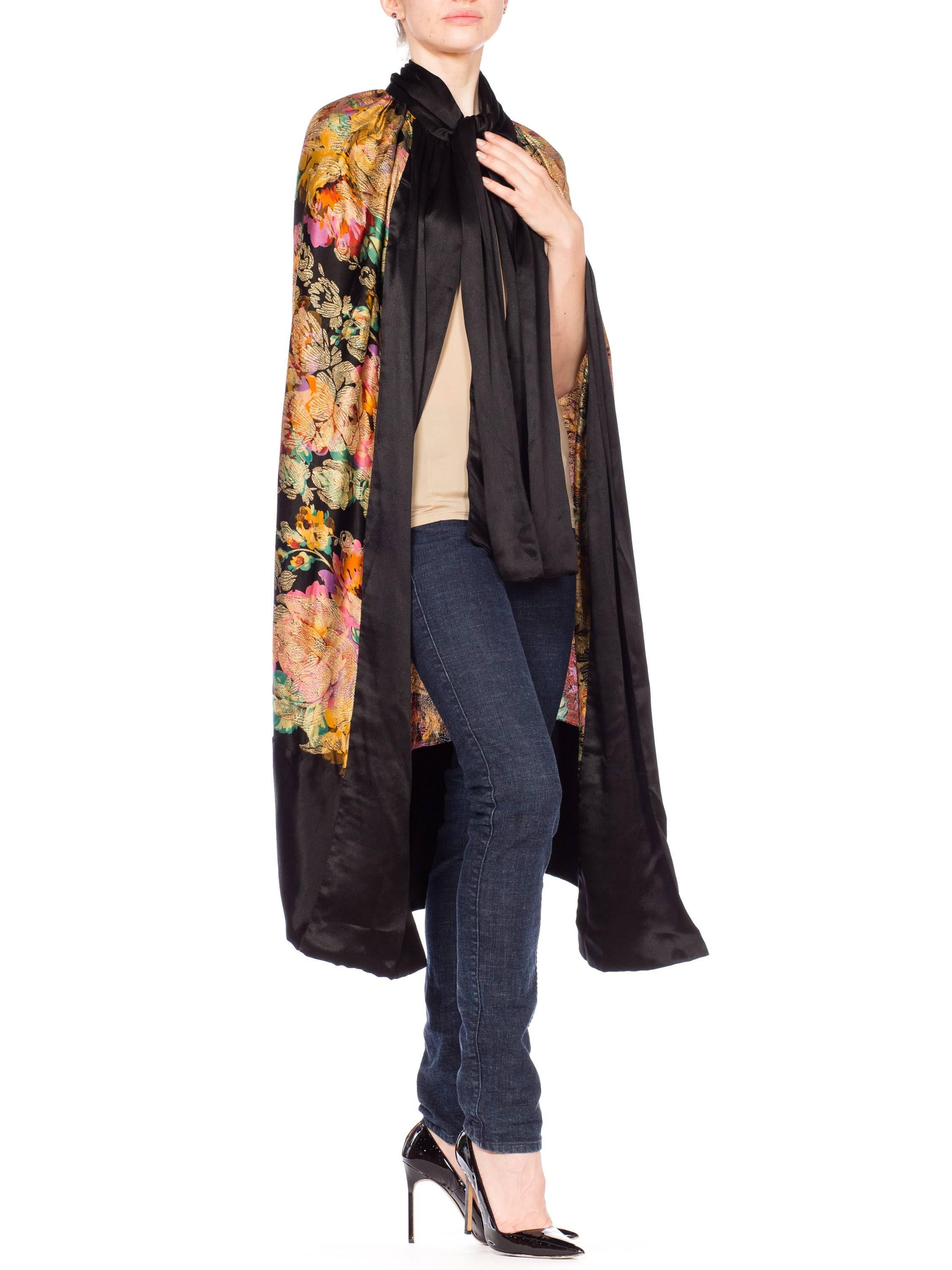 Black Art Deco Floral Silk Lamé Cape with Satin Borders and Neck Tie, 1920s 