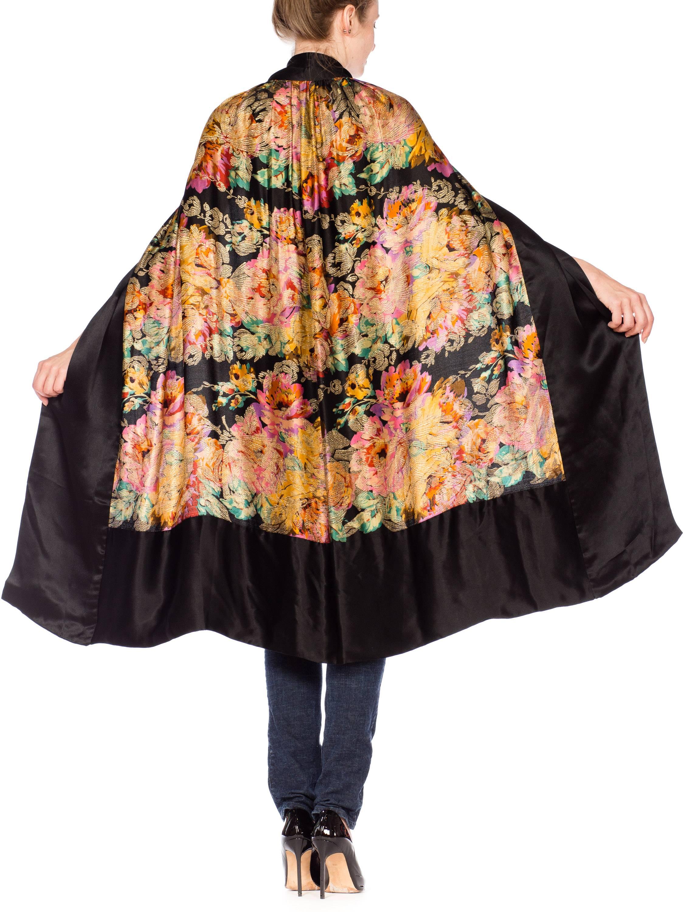 Women's or Men's Art Deco Floral Silk Lamé Cape with Satin Borders and Neck Tie, 1920s 