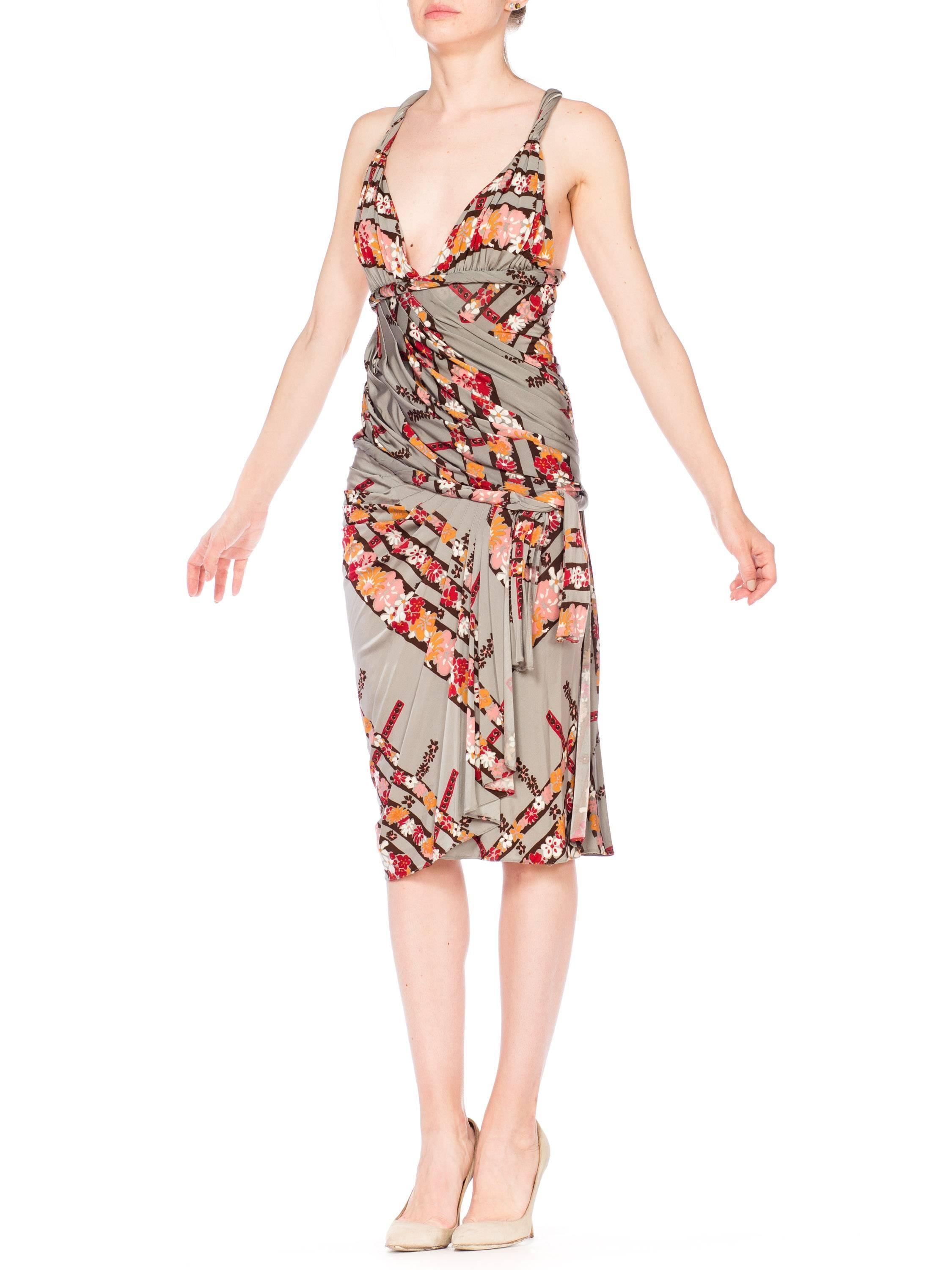 Beige 2000S EMANUEL UNGARO Floral Rayon Blend Jersey Runway Sample Dress With Sexy Pl