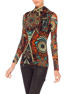 1990S JEAN PAUL GAULTIER Printed Poly/Lycra Mesh Top With Abstract Geometrics
