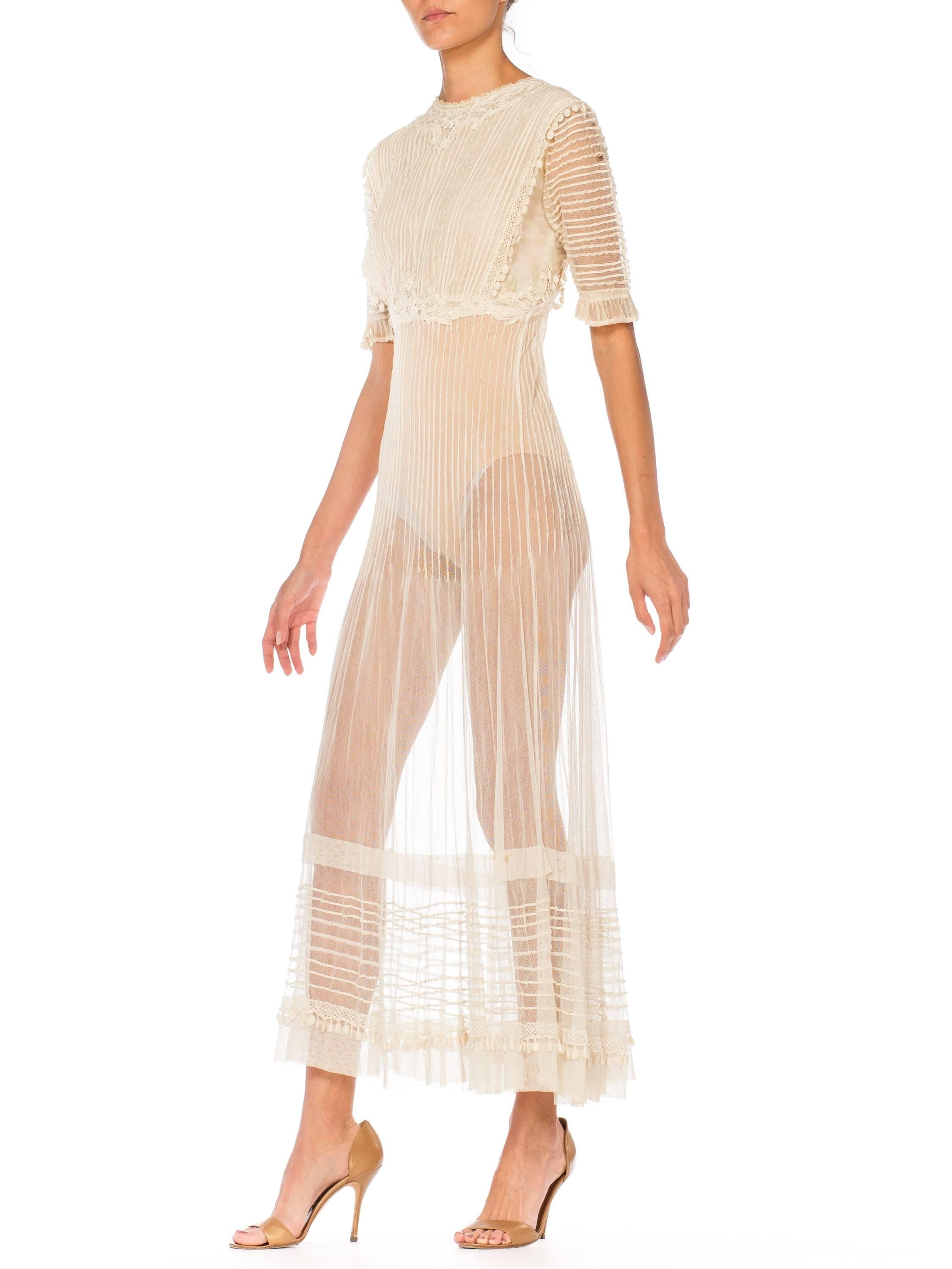 Edwardian Beige Cotton Tulle Exquisite Pintucked Dress With Heavy Lace Trim In Good Condition For Sale In New York, NY