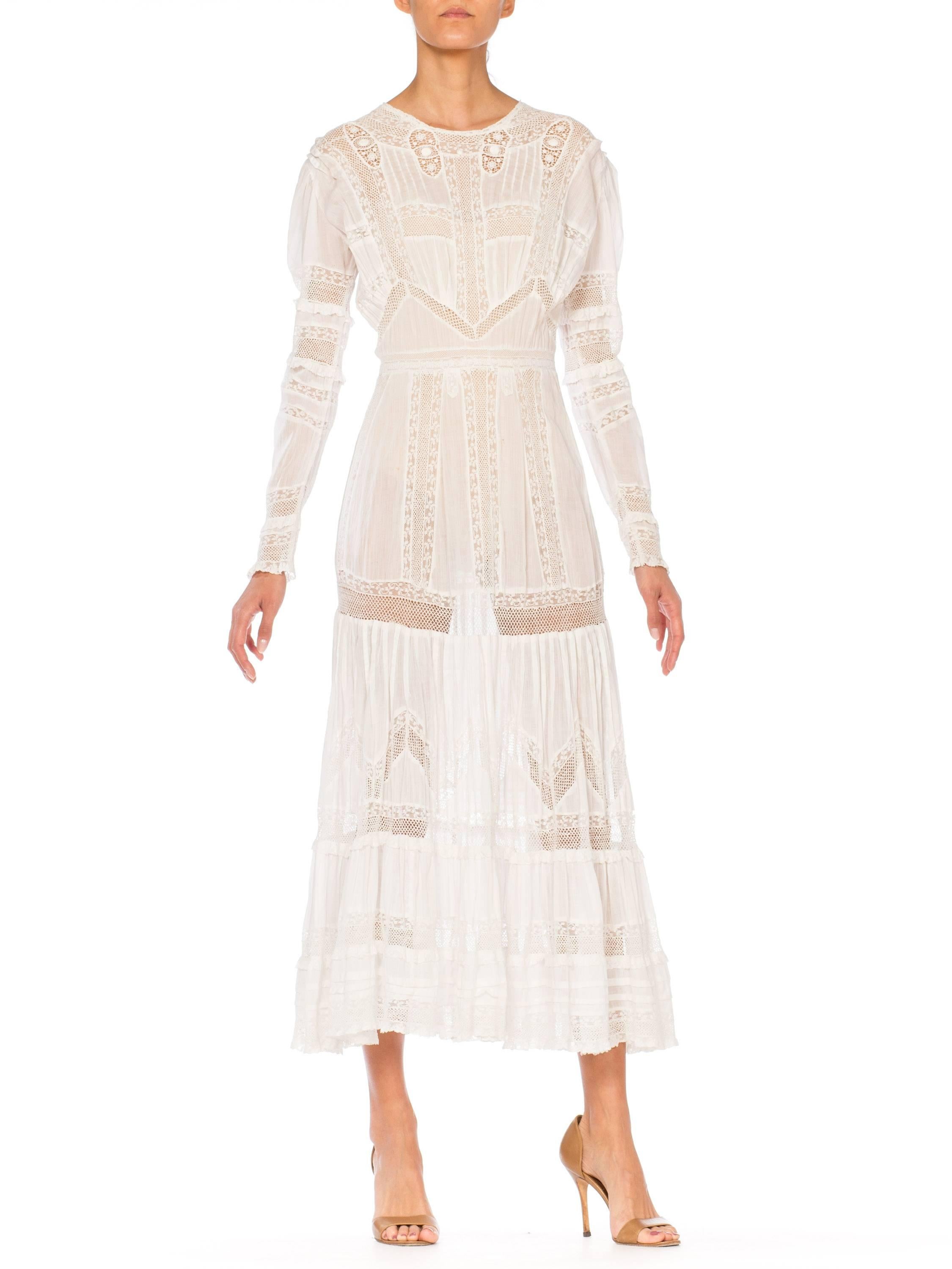 Gray Edwardian Lace Dress With Rose Crochet and Strips of Lace