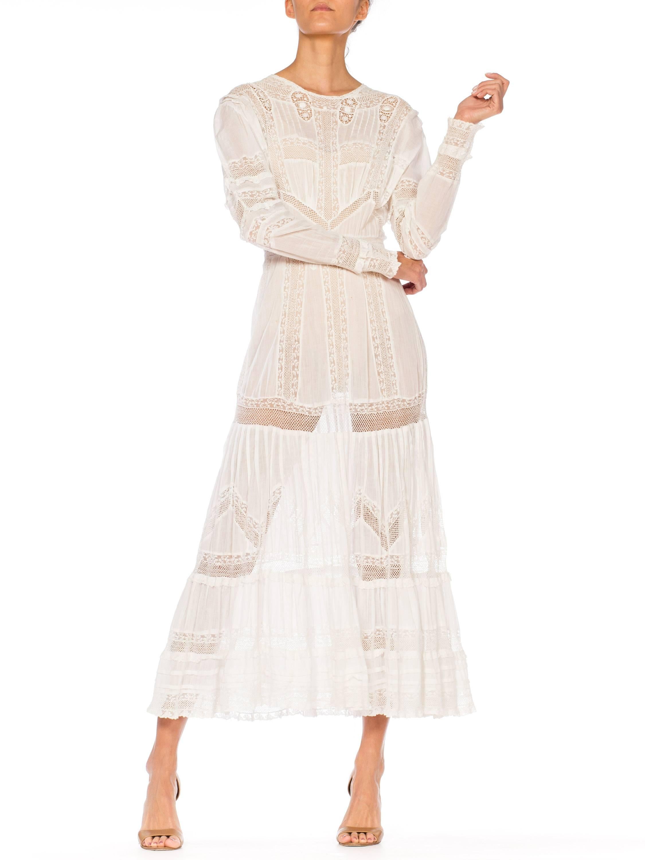 Women's Edwardian Lace Dress With Rose Crochet and Strips of Lace