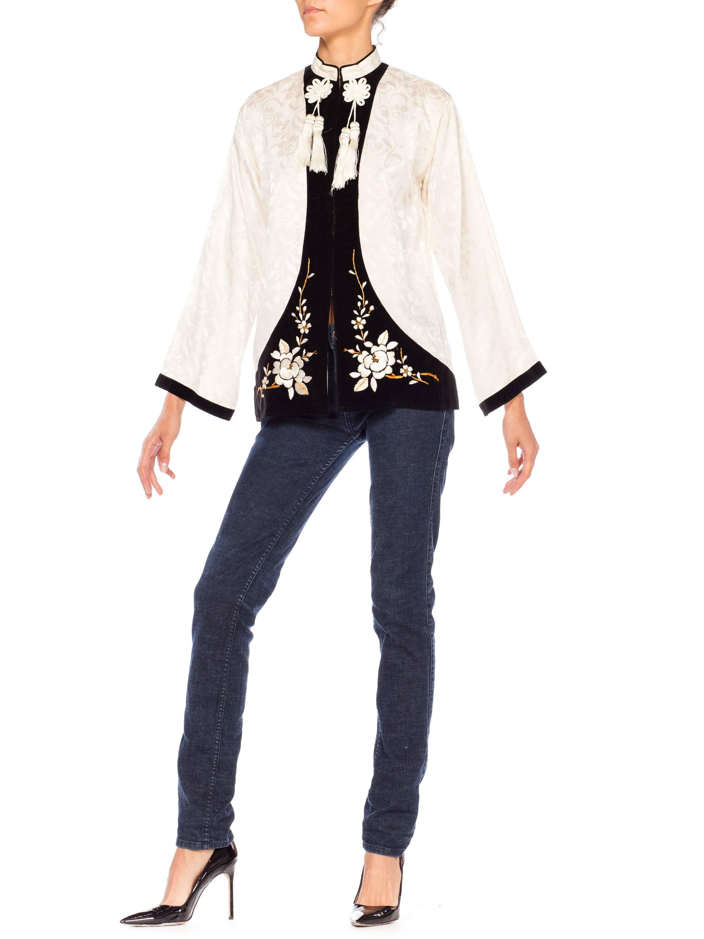 White 1940s Embroidered Satin and Velvet Chinese Jacket with Tassels