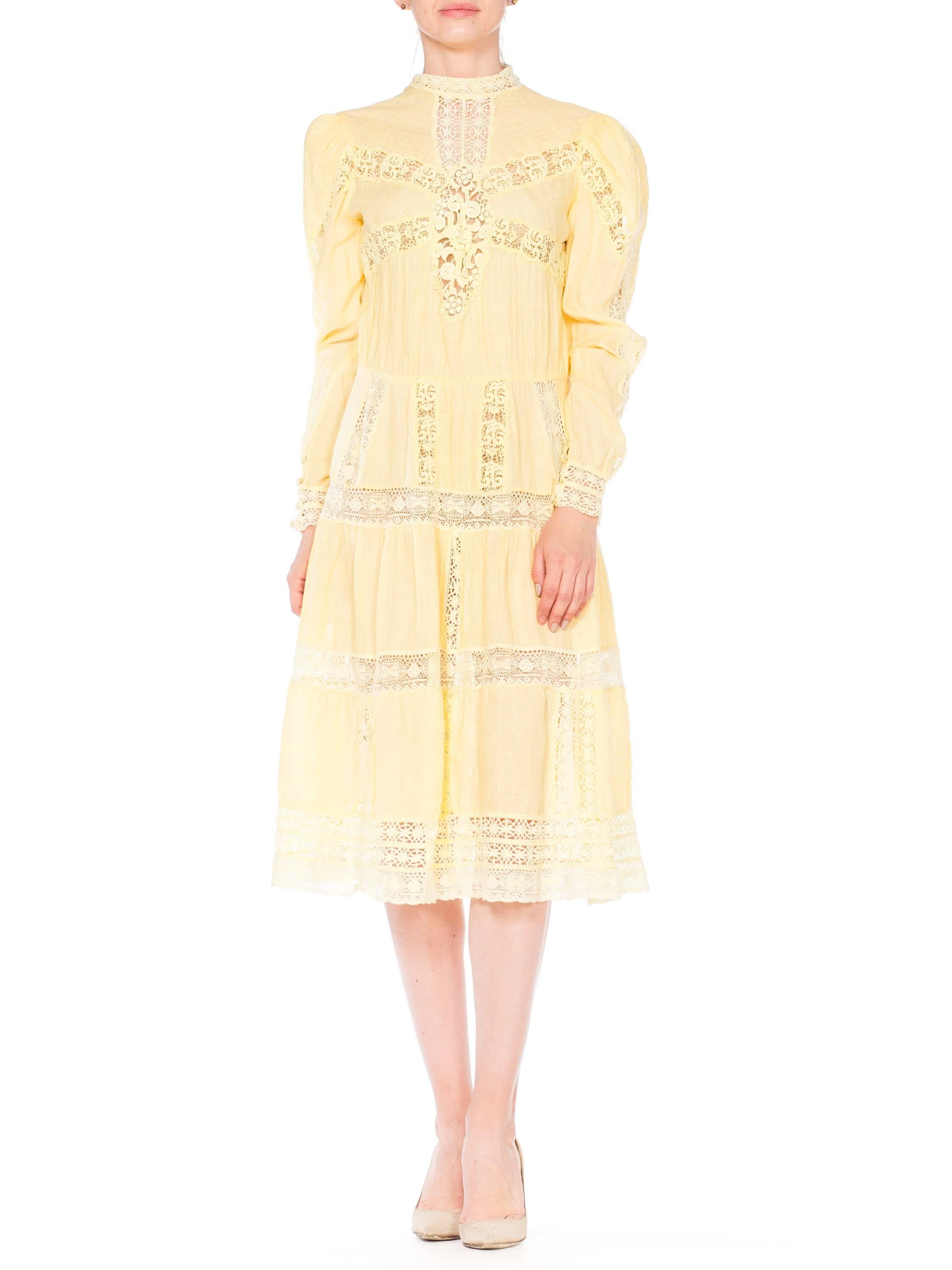 Yellow 1970s Victorian Style Linen Dress with Handmade Lace Details