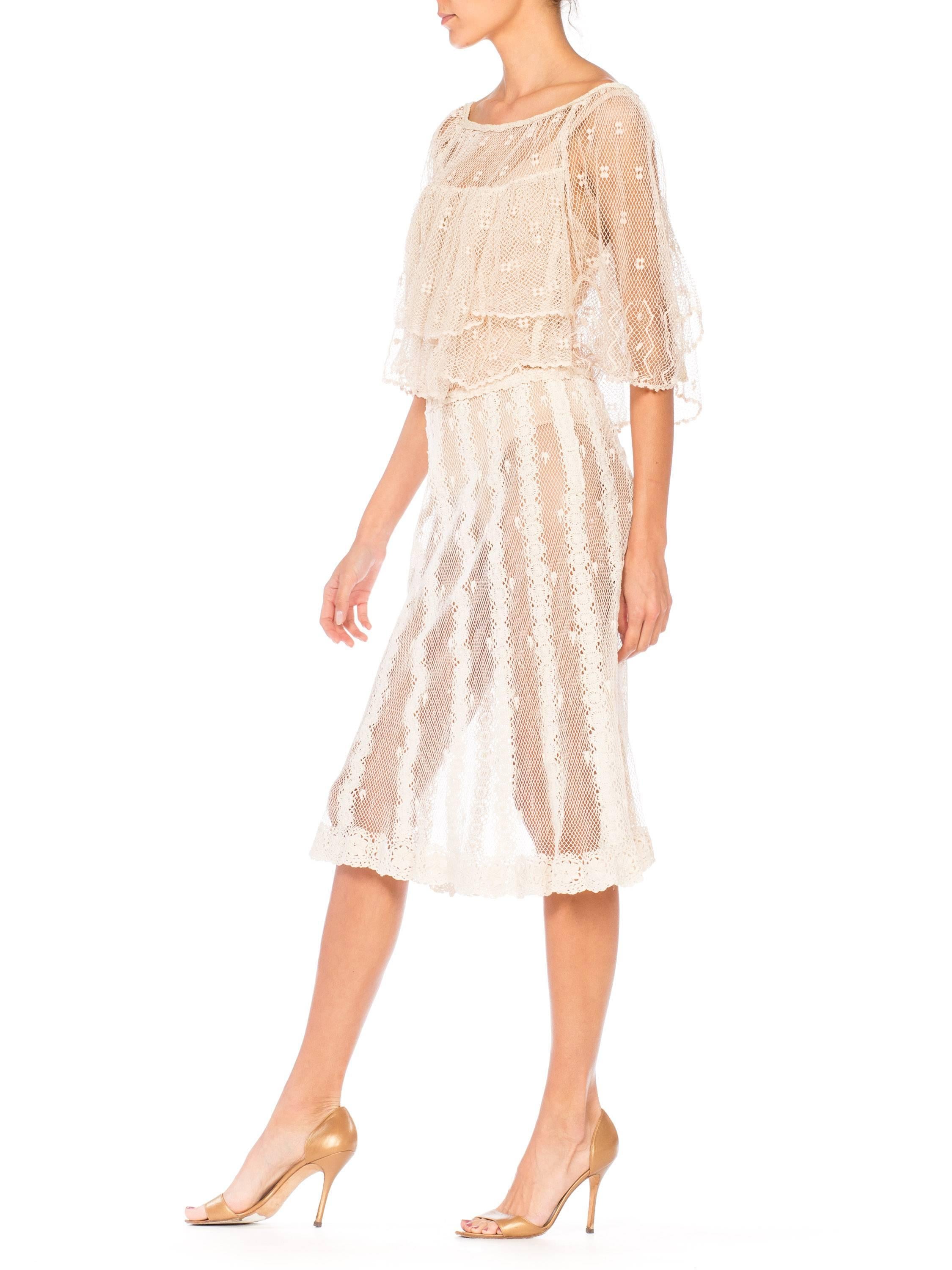 1980s Hand Crocheted Boho Short Sleeve Net Cotton Dress 2