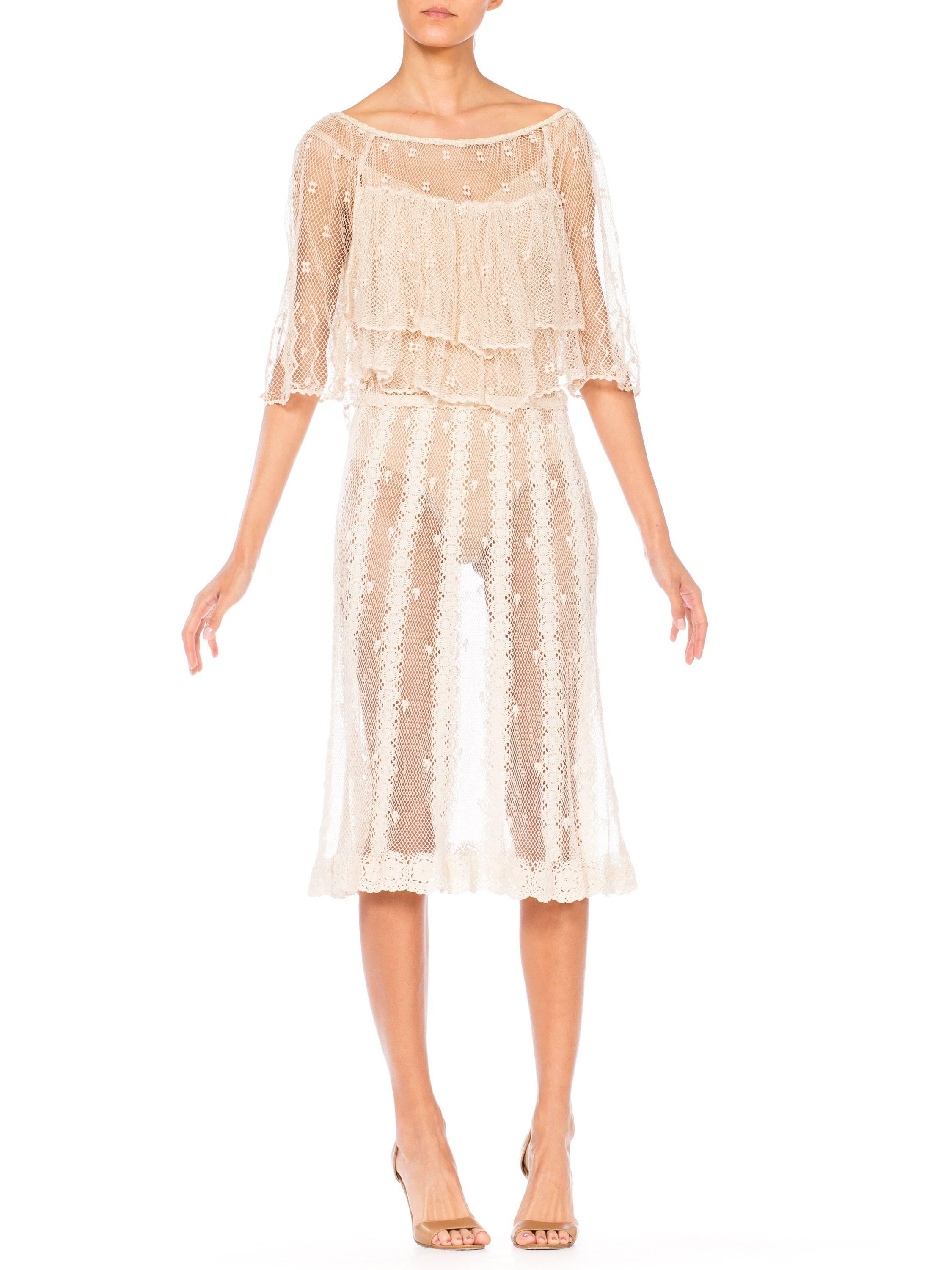 1980s Hand Crocheted Boho Short Sleeve Net Cotton Dress In Excellent Condition In New York, NY