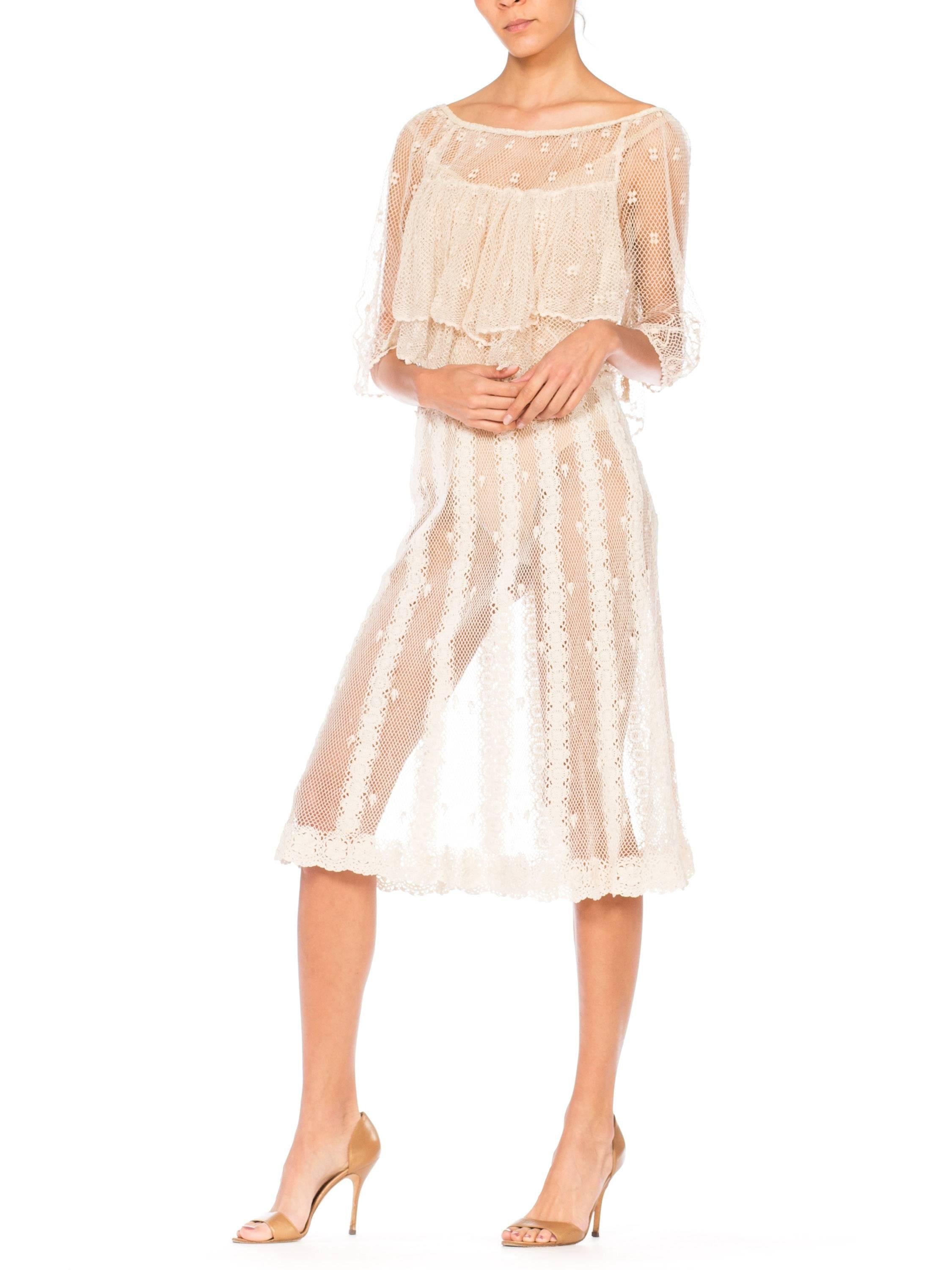 1980s Hand Crocheted Boho Short Sleeve Net Cotton Dress 1