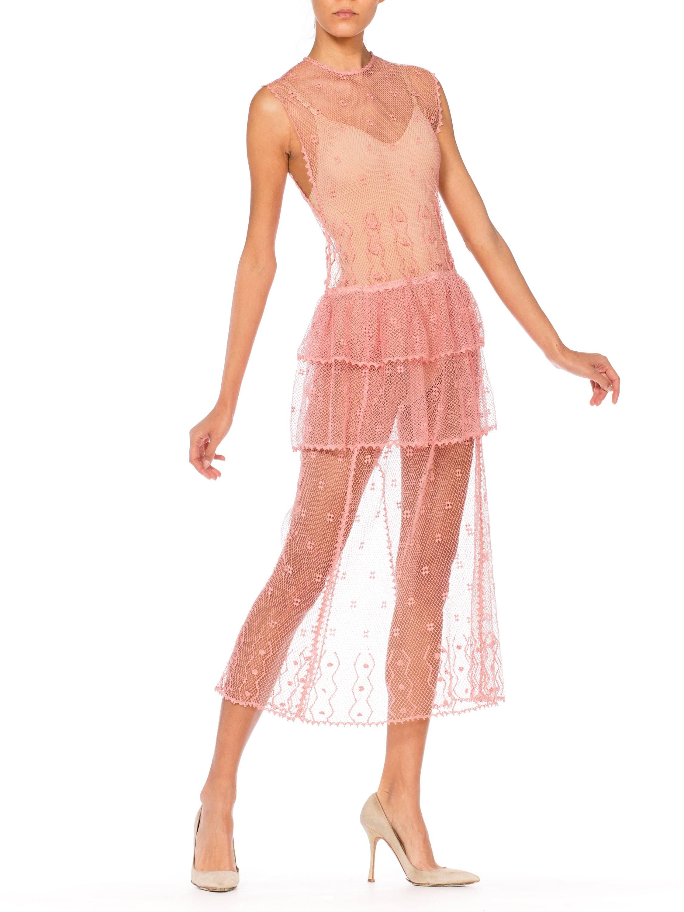 1980s Sheer Pink Hand Crochet Cotton Net Dress 