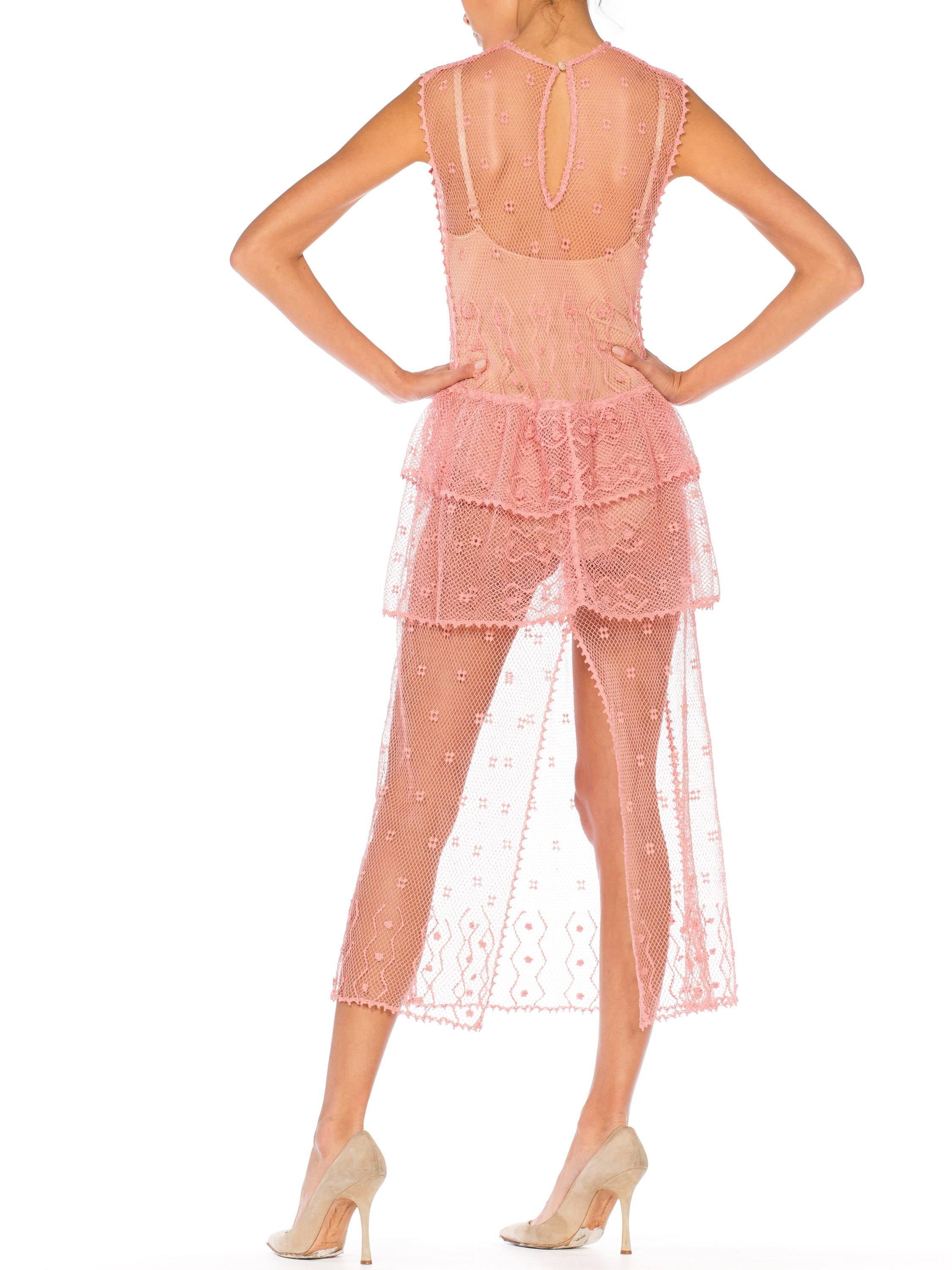 Sheer Pink Hand Crochet Cotton Net Dress, 1980s   In Excellent Condition In New York, NY