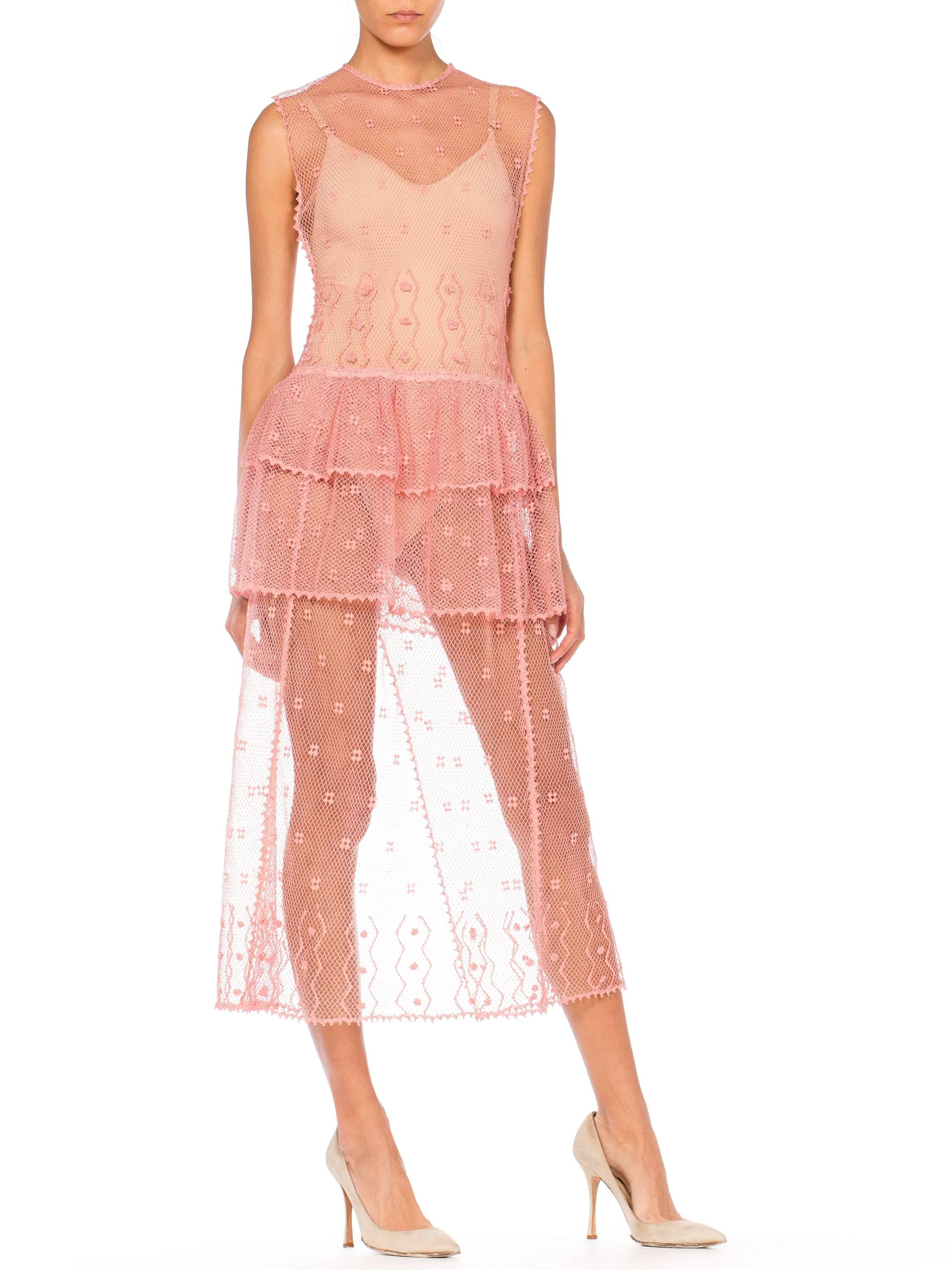 Sheer Pink Hand Crochet Cotton Net Dress, 1980s   1
