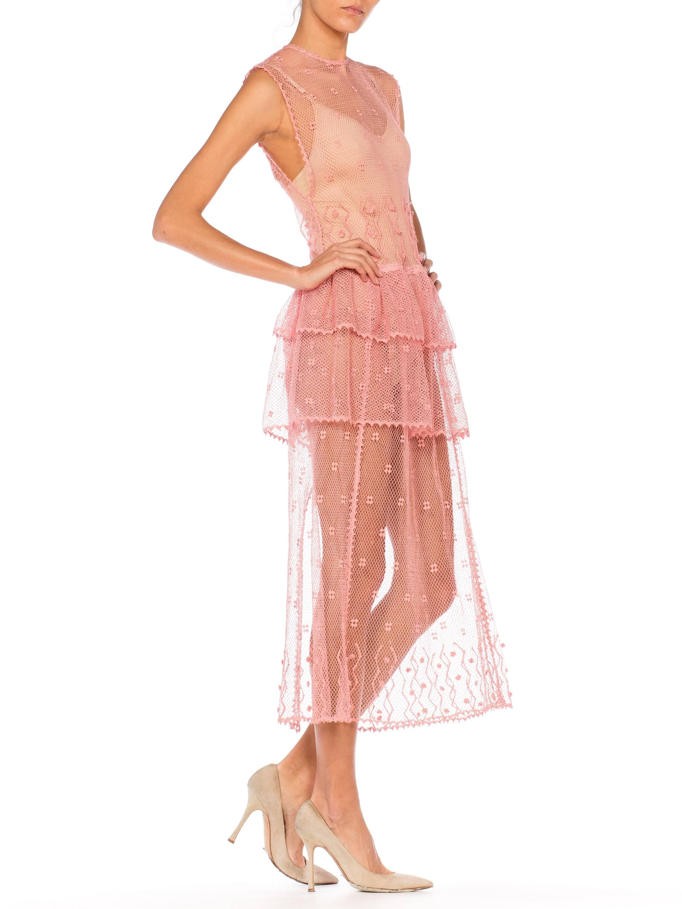 Sheer Pink Hand Crochet Cotton Net Dress, 1980s   5
