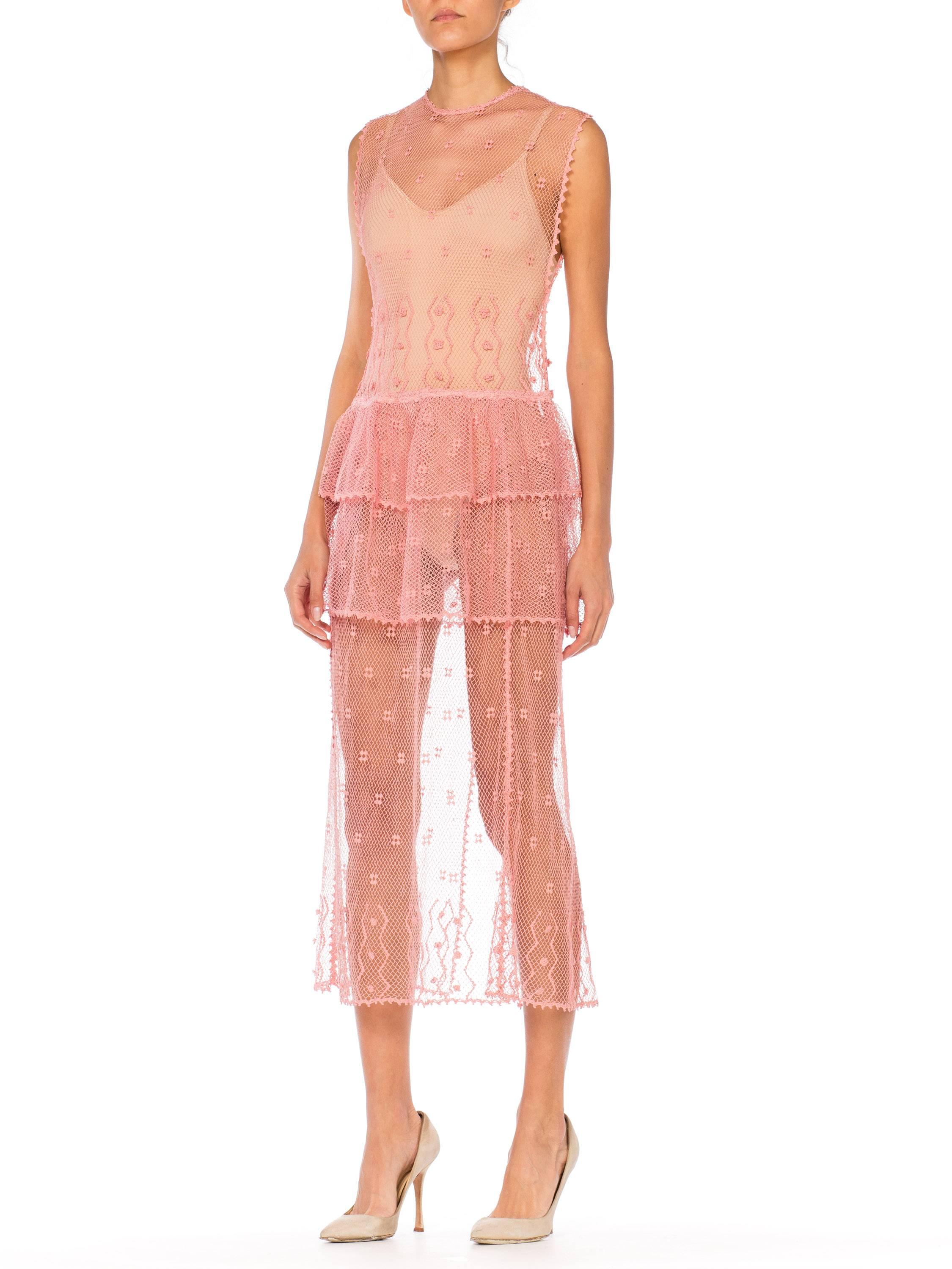 Sheer Pink Hand Crochet Cotton Net Dress, 1980s   2