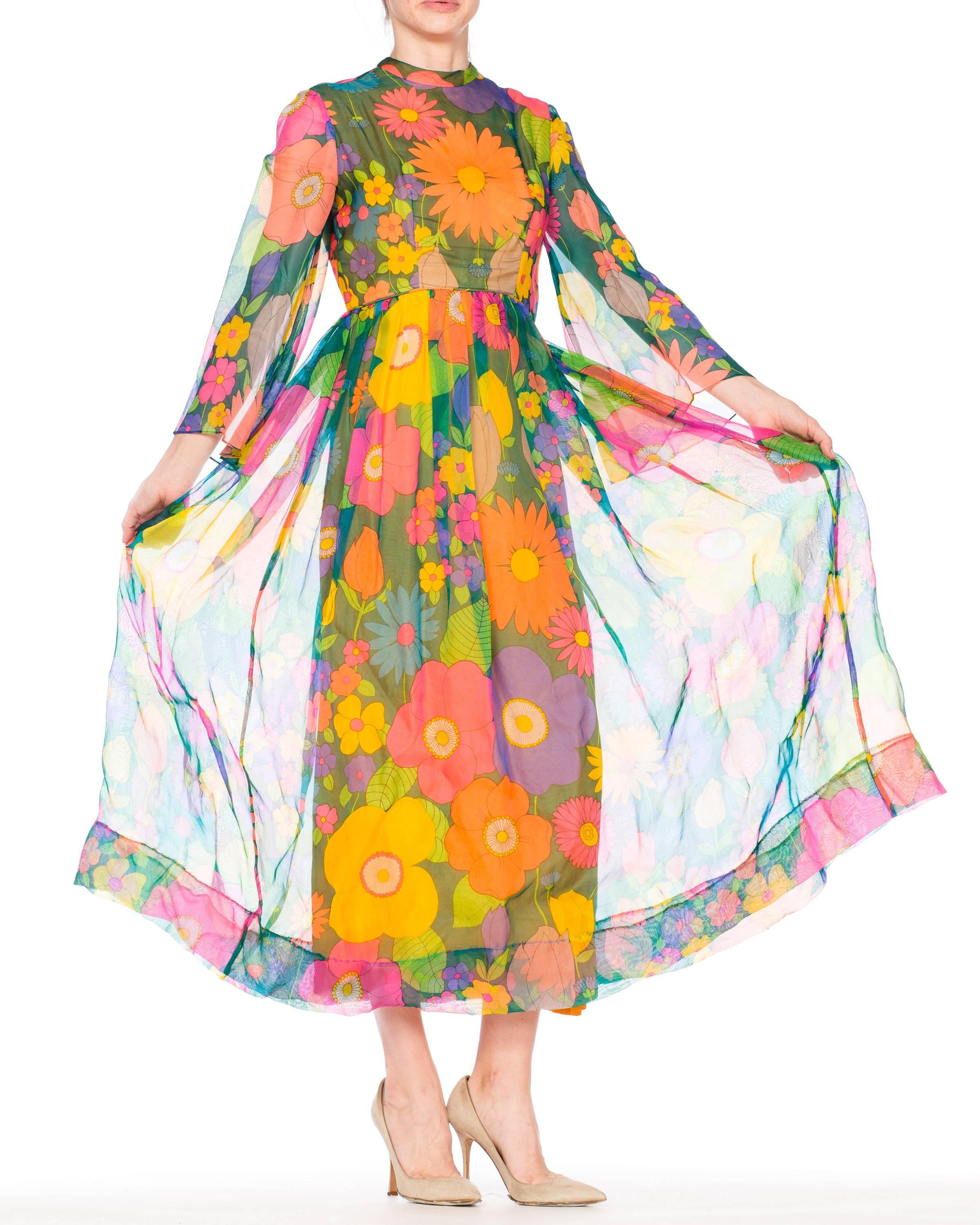 Women's 1960s 1970s Floral Print Dress with Bell Sleeves