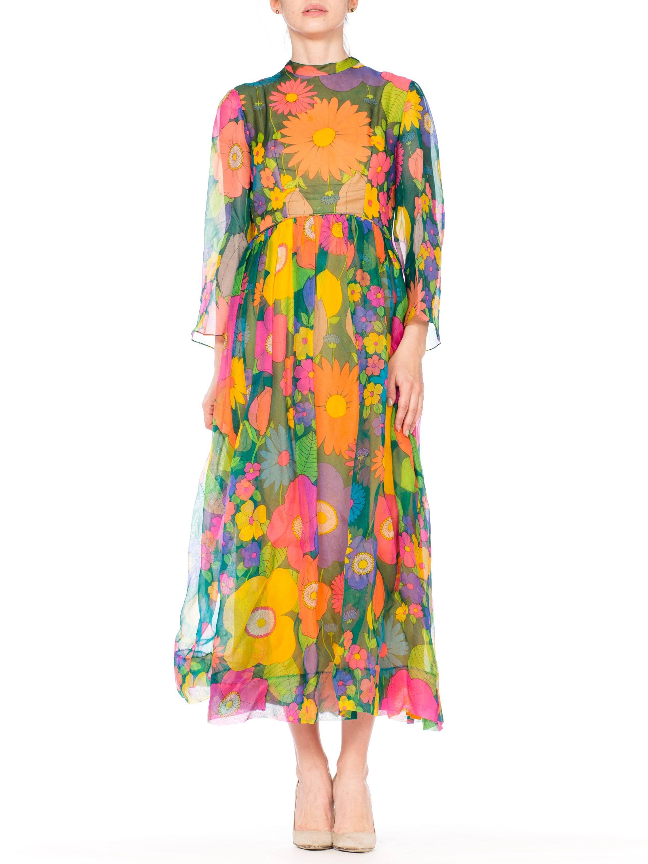 1960s 1970s Floral Print Dress with Bell Sleeves In Excellent Condition In New York, NY