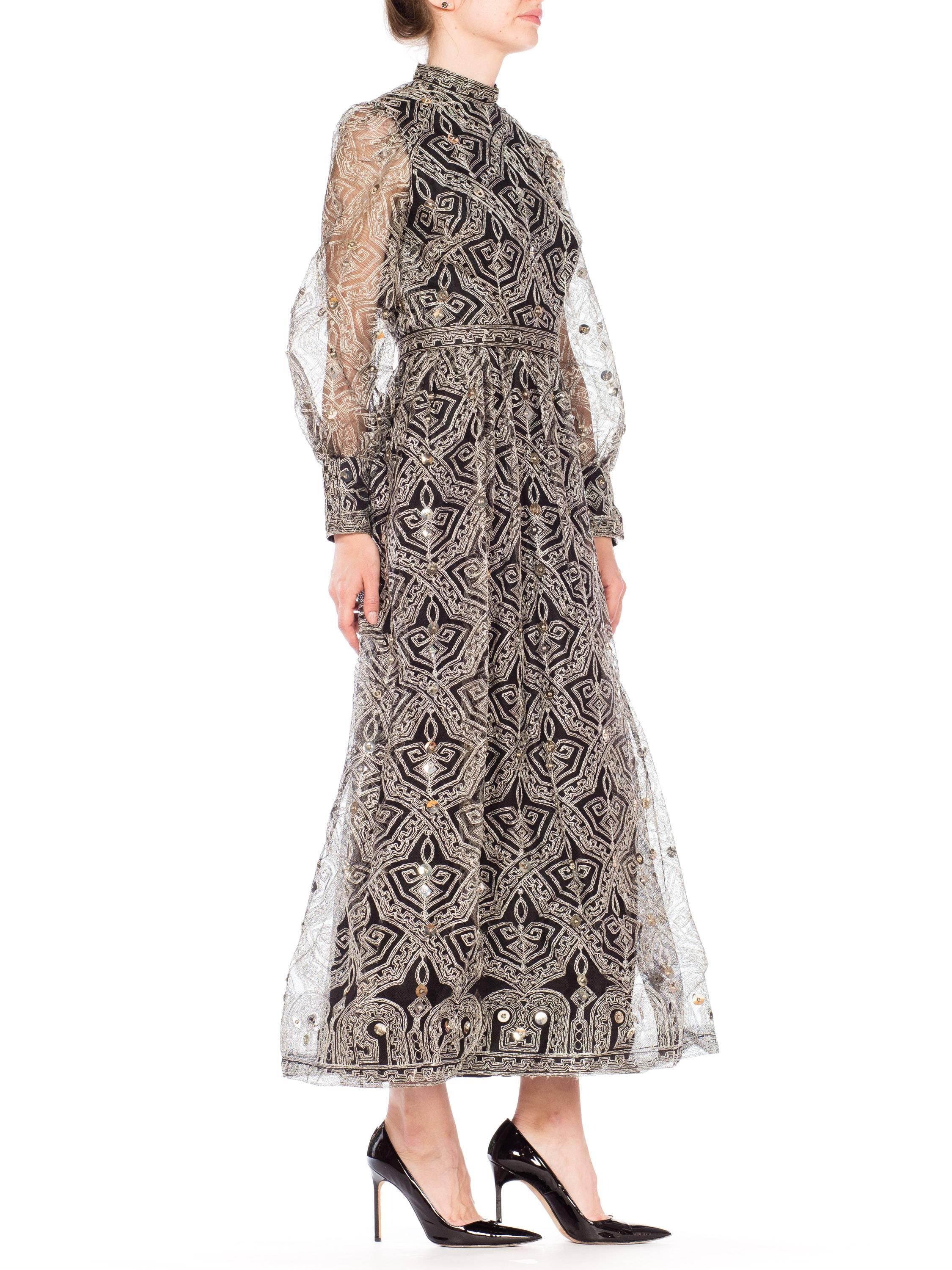 Gray Mollie Parnis Metallic Lurex Embroidered Net with Studded Sequins,  1960s 1970s 