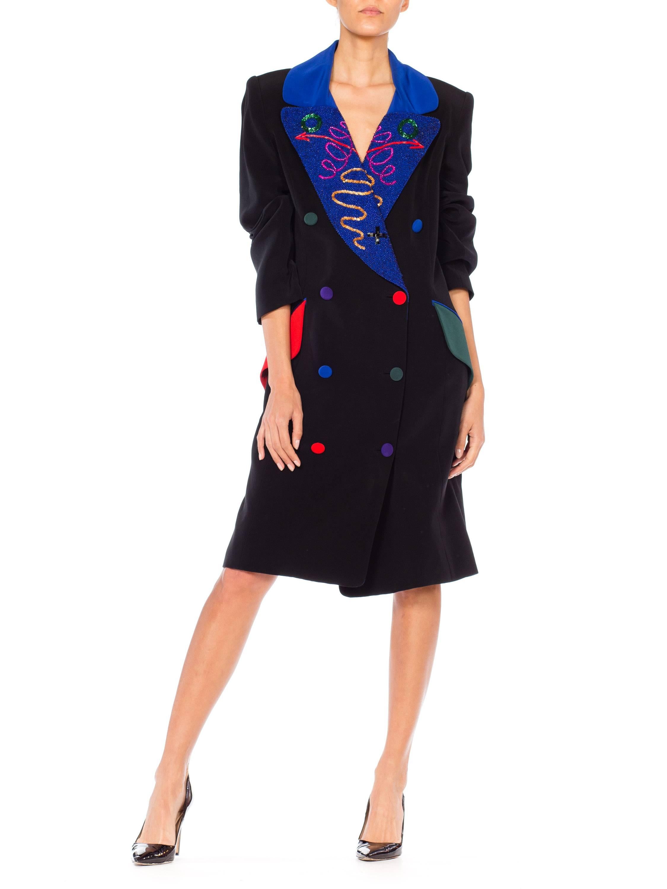 1980S FABRICE Black Poly Blend Faille  Double Breasted Long Blazer Cocktail Dress With Beaded Lapels