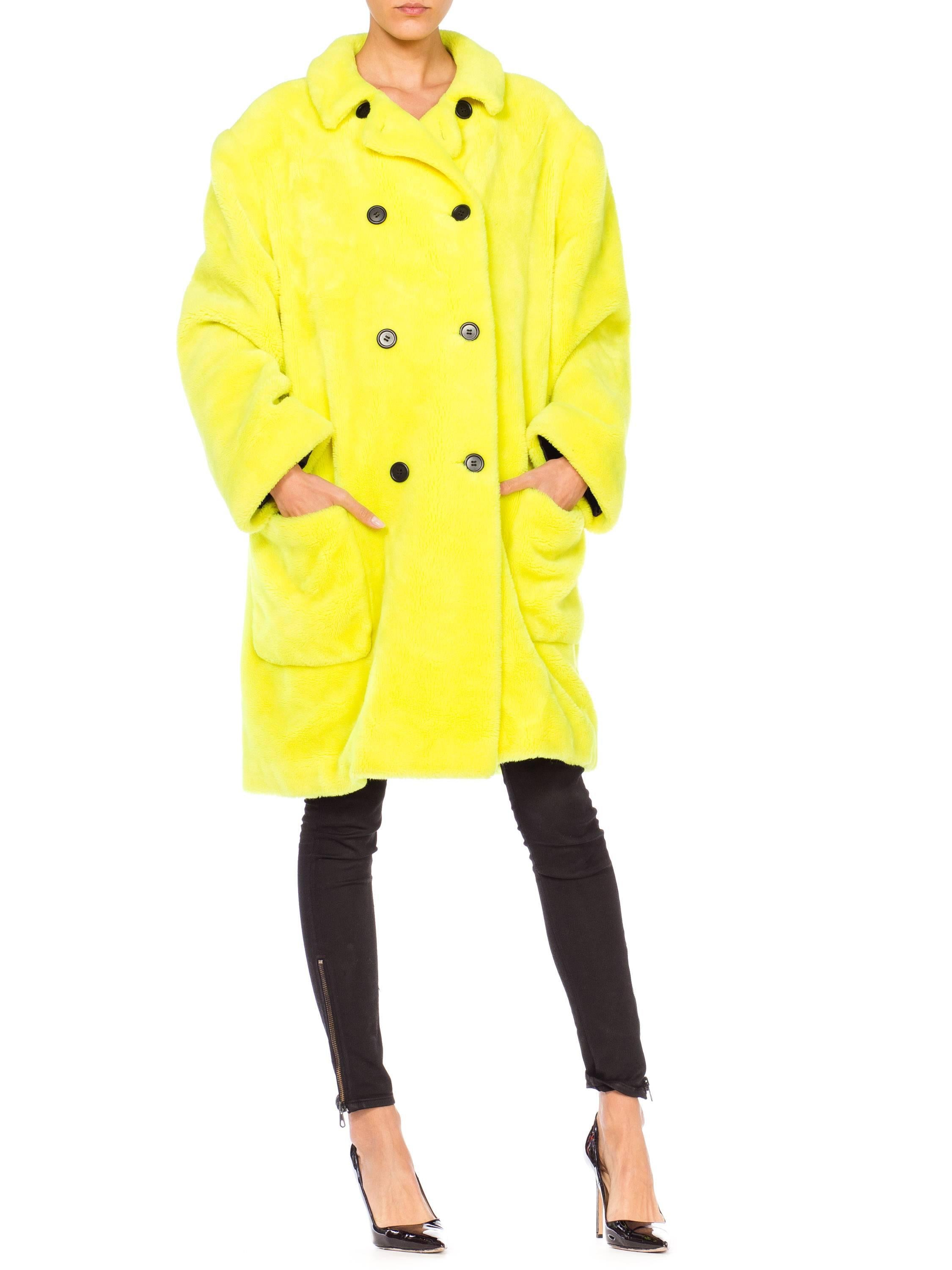 Women's or Men's Stephen Sprouse Oversized Highlighter Yellow Faux Fur Coat, 1980s 