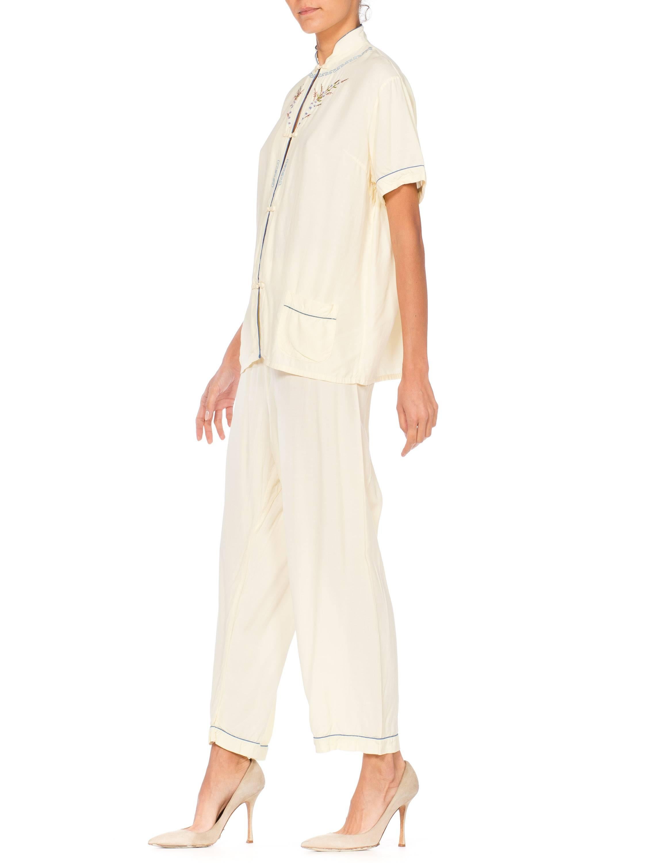 White Hand Embroidered Chinese Silk Pjamas