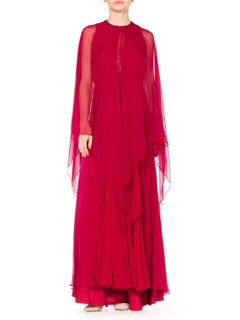 1970S ALFRED BOSAND Rosso mirtillo rosso con perline in chiffon di seta Demi Abito a vita impero Wi