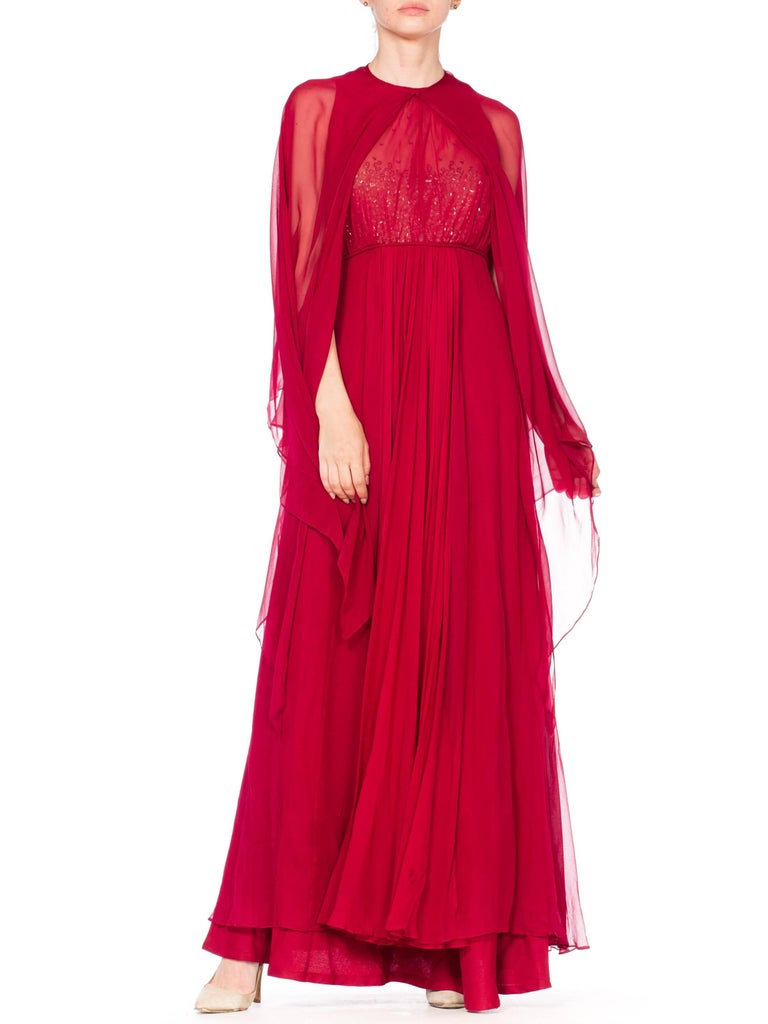 1970S ALFRED BOSAND Cranberry Red Beaded Silk Chiffon Demi Empire Waist Gown Wi In Excellent Condition For Sale In New York, NY