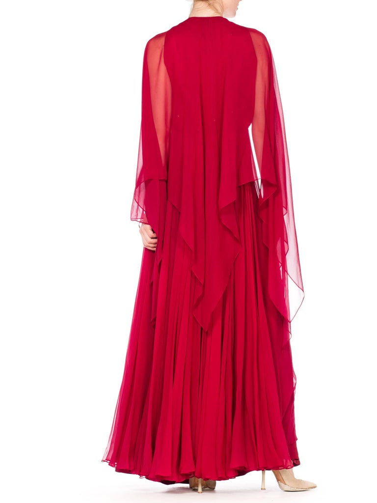1970S ALFRED BOSAND Cranberry Red Beaded Silk Chiffon Demi Empire Waist Gown Wi For Sale 1