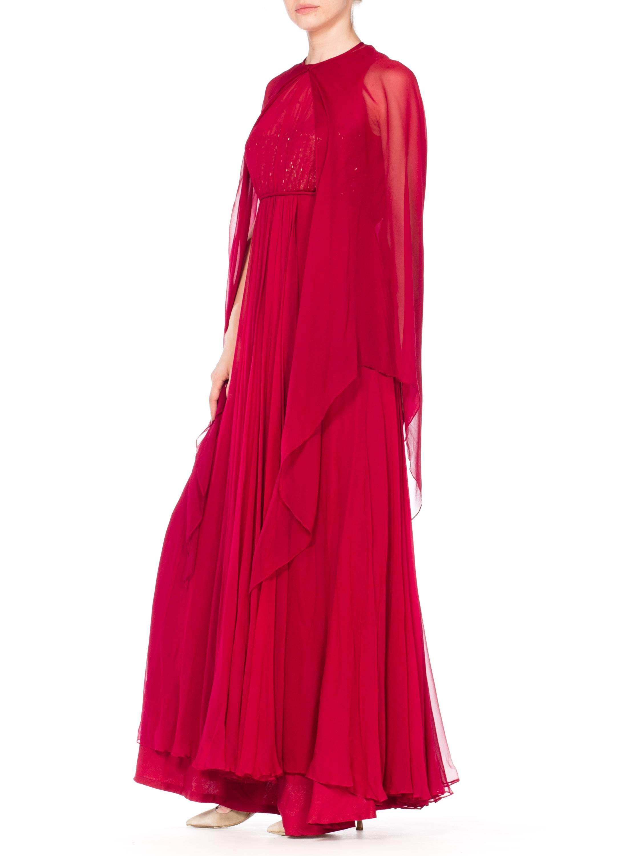 1970S ALFRED BOSAND Cranberry Red Beaded Silk Chiffon Demi Empire Waist Gown Wi For Sale 3