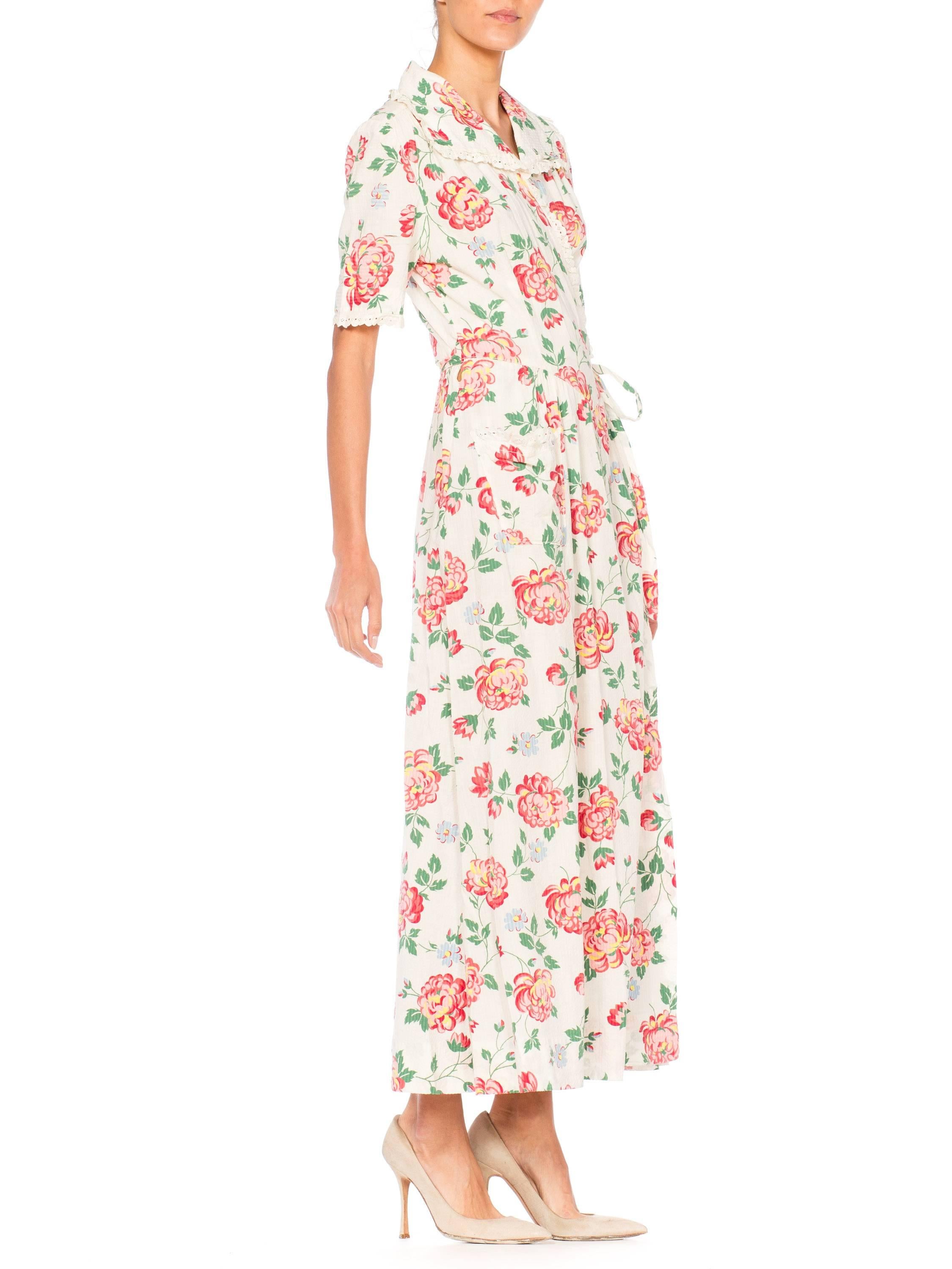 Beige Floral Printed Cotton Dress, 1940s 