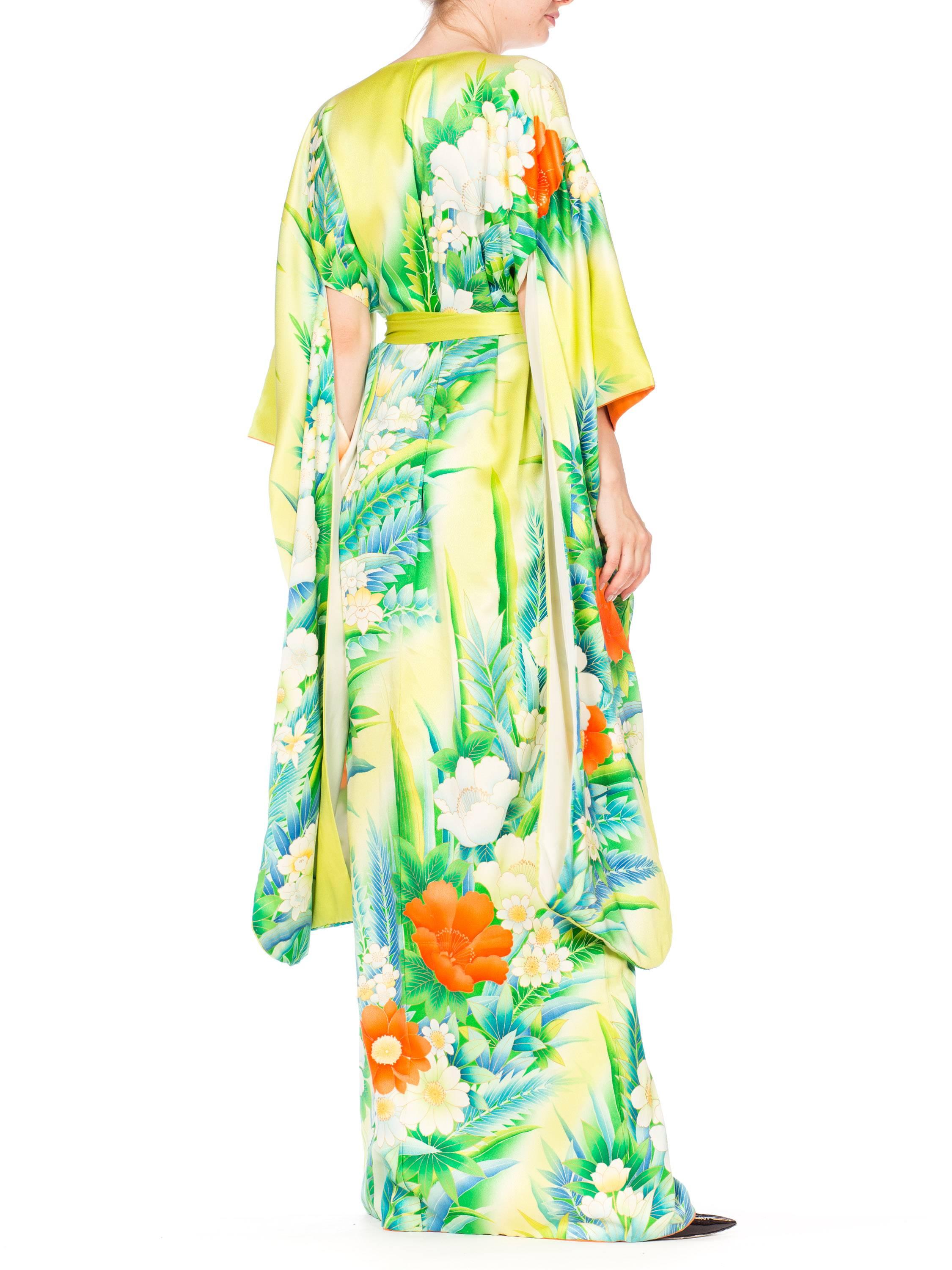 Green Morphew Collection Tropical Hand Painted Japanese Kimono Dress