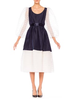 1960s Navy and White Puffy Sleeve Dress