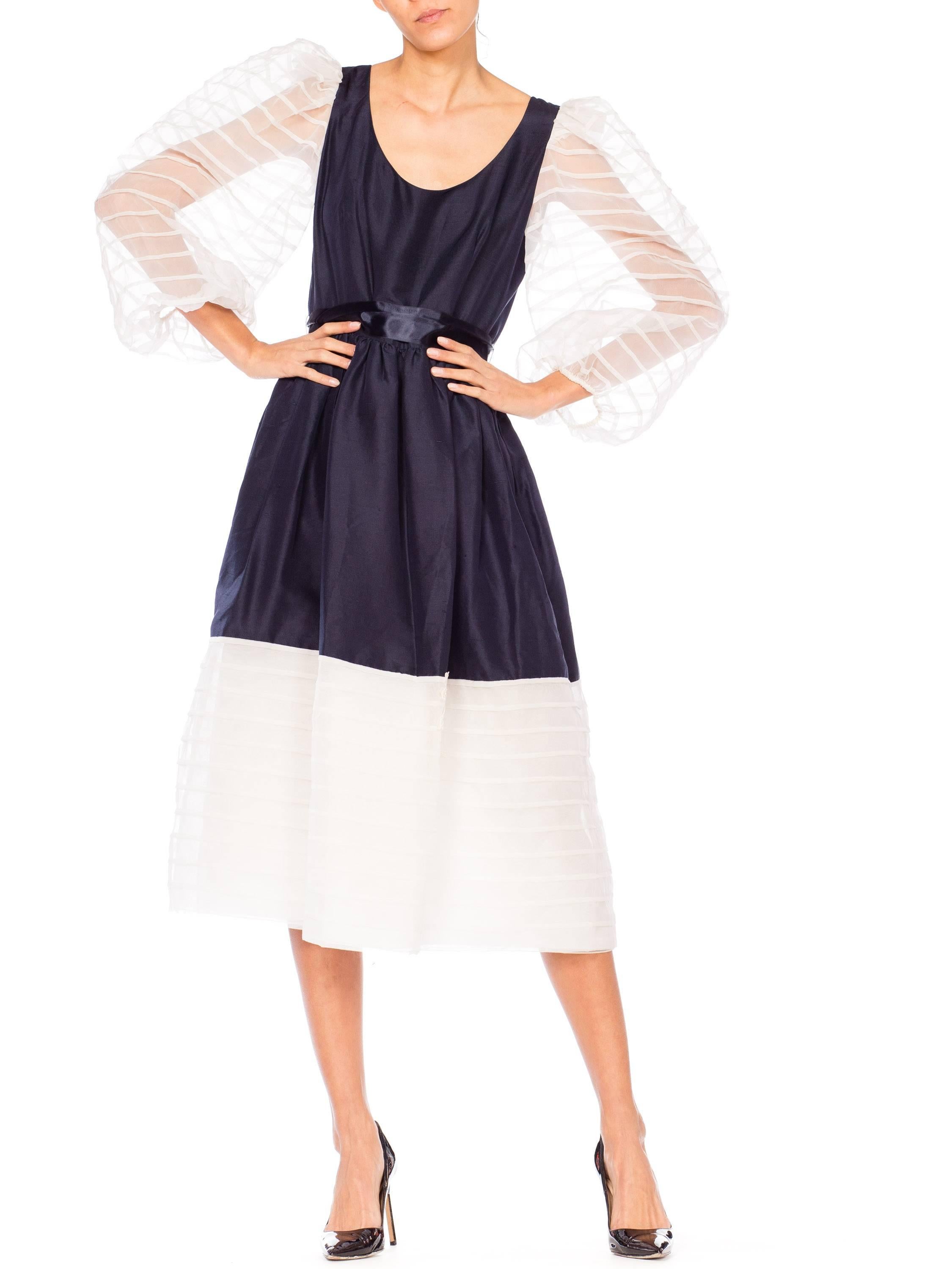 1960s Navy and White Puffy Sleeve Dress 1