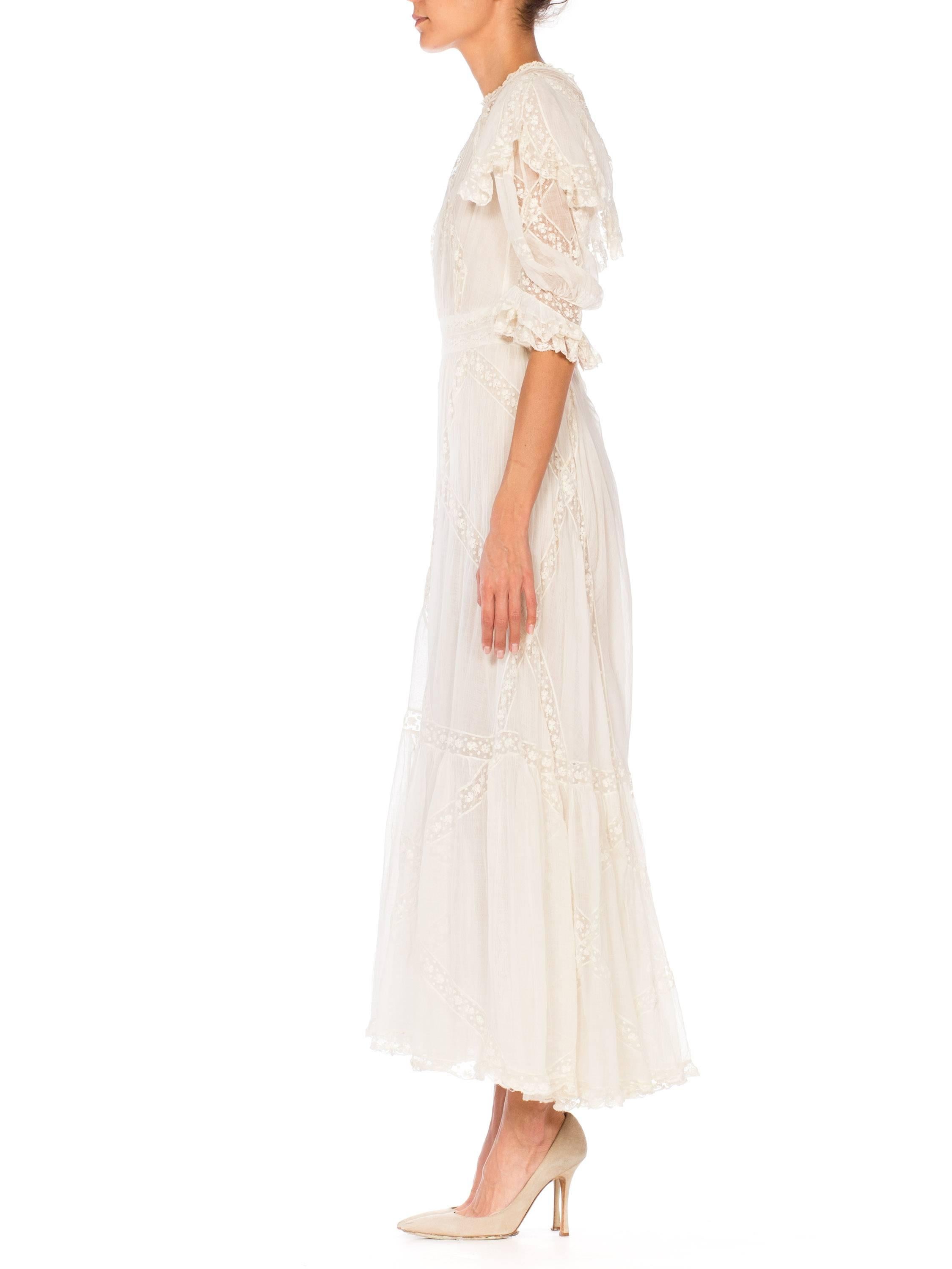 Beige Belle Epoque Late Victorian Cotton and Lace Tea Dress