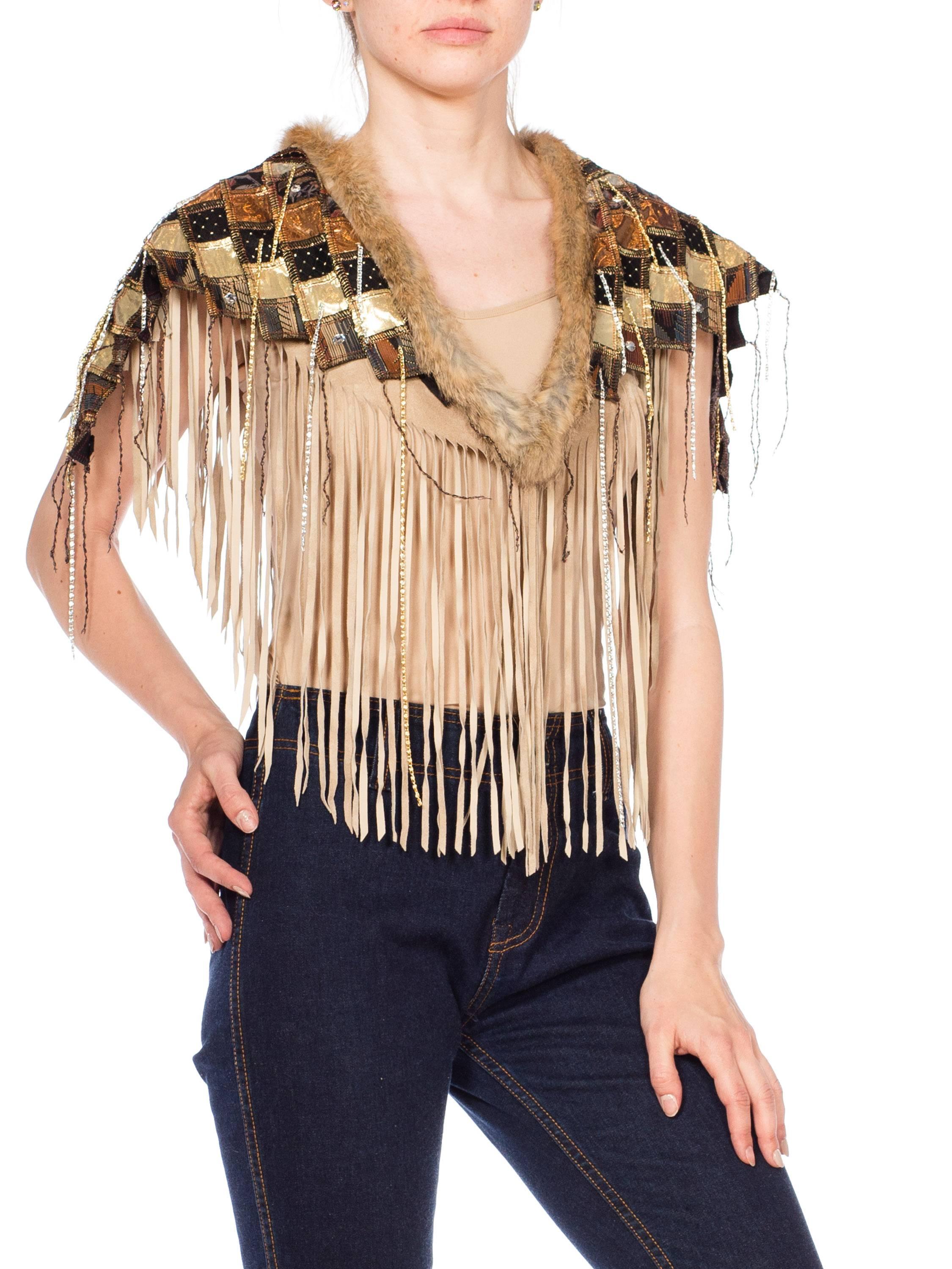 Suede Fringe Capelet With Fur Trim In New Condition In New York, NY