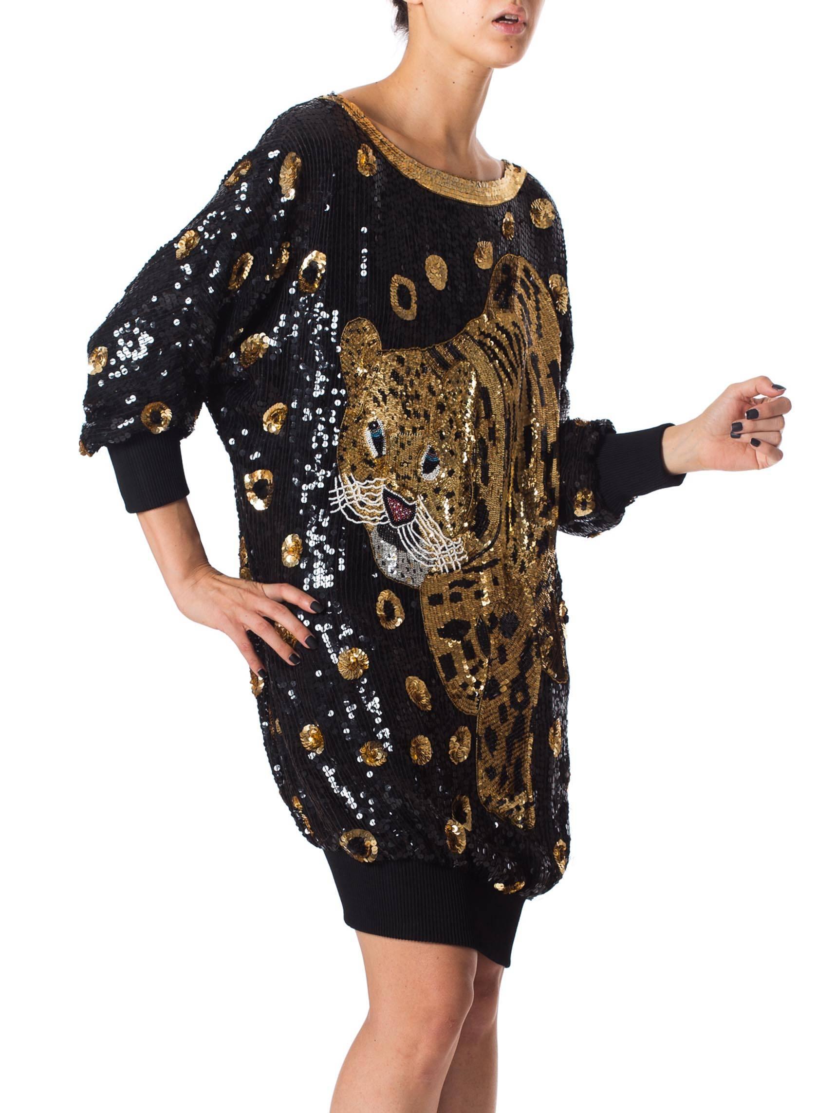 1980s Gucci Style Sequined Tiger Leopard Oversized Pullover Top Dress In Excellent Condition In New York, NY