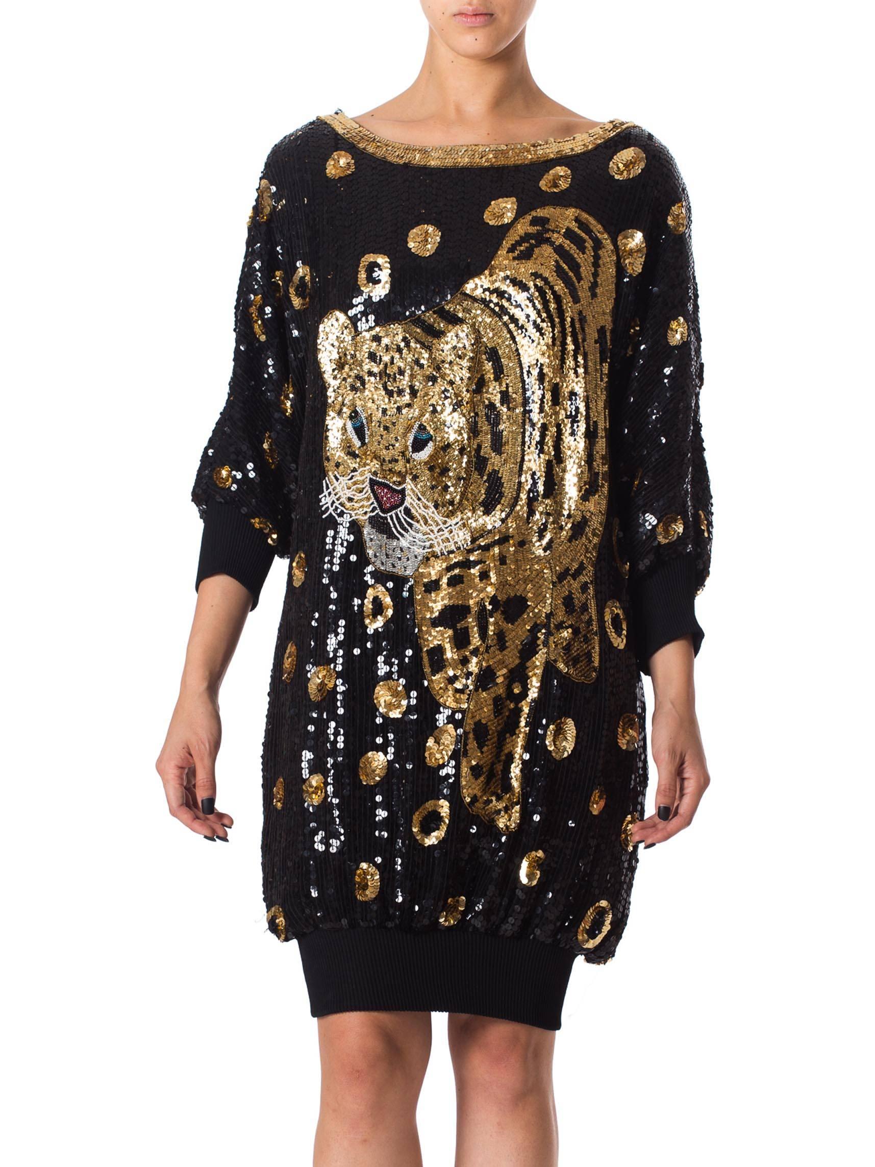 Women's 1980s Gucci Style Sequined Tiger Leopard Oversized Pullover Top Dress