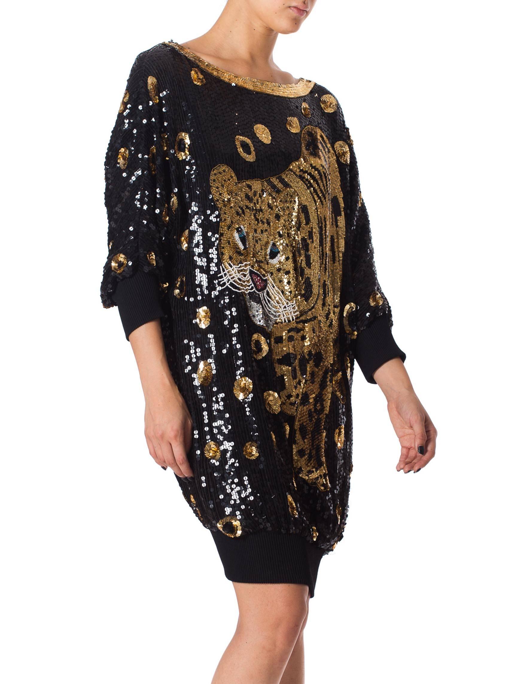 Black 1980s Gucci Style Sequined Tiger Leopard Oversized Pullover Top Dress
