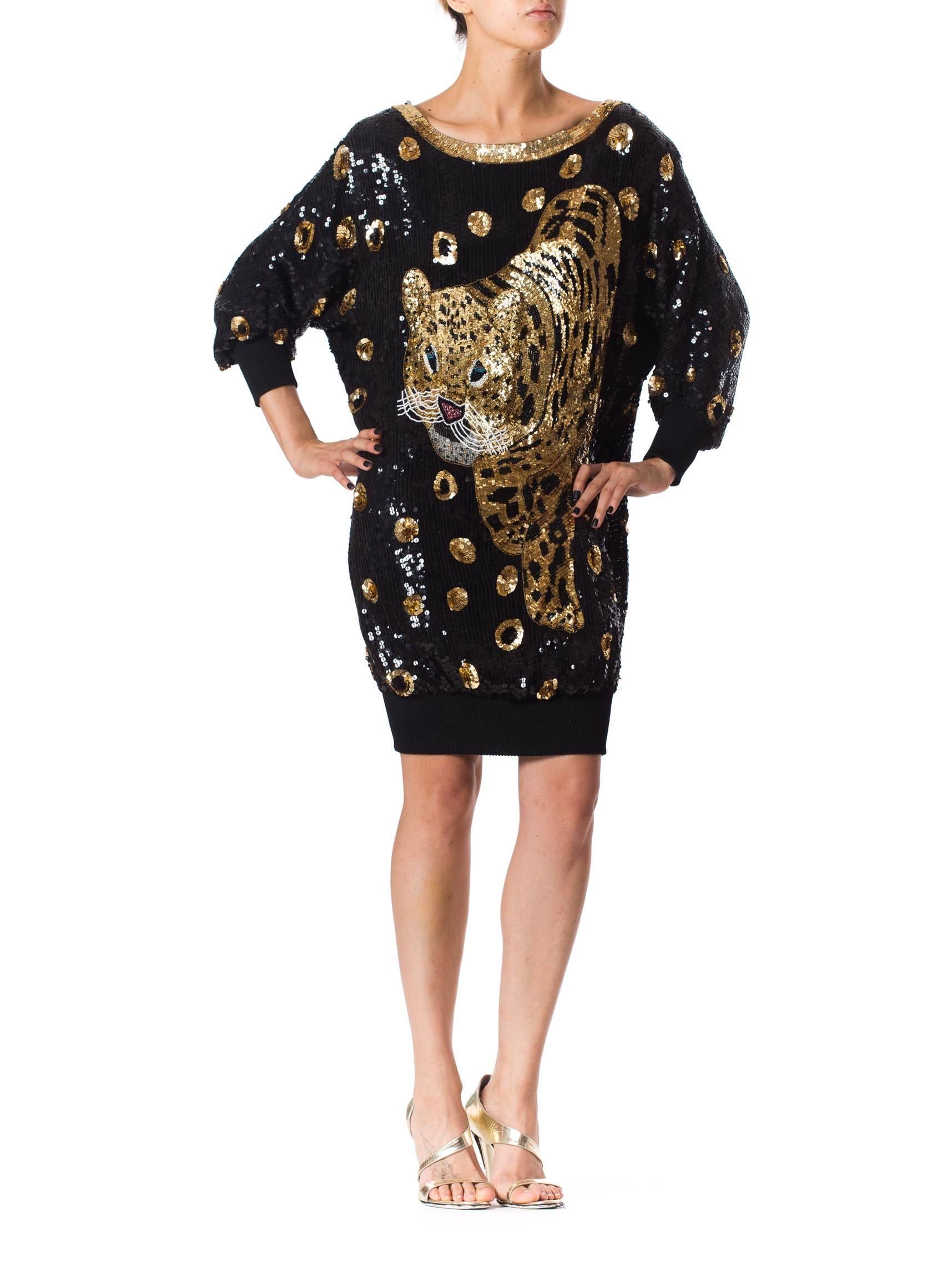 1980s Gucci Style Sequined Tiger Leopard Oversized Pullover Top Dress 4