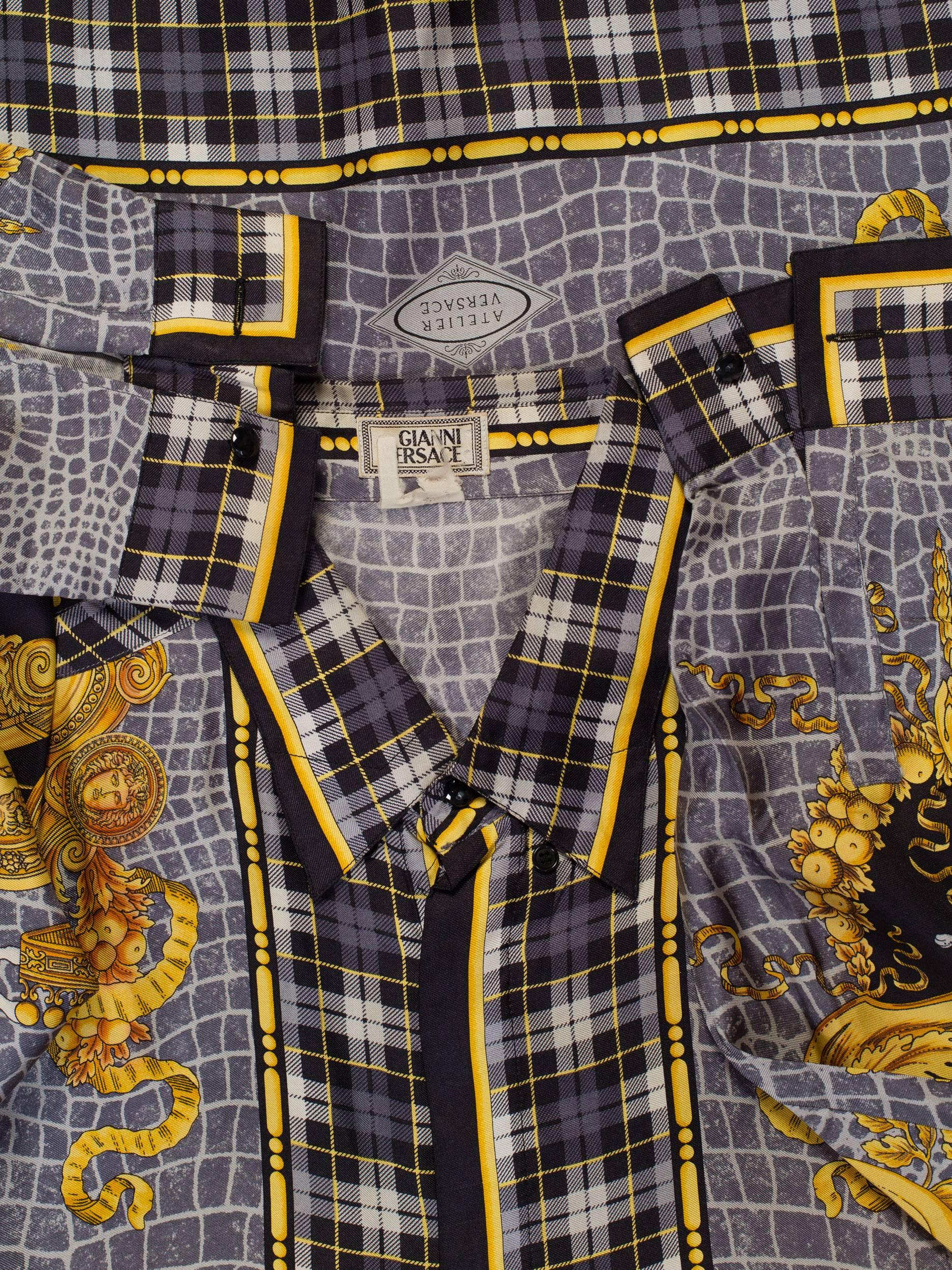 1990s Atelier Versace Men's Silk Printed Crocodile & Medusa Shirt with Knights In Excellent Condition In New York, NY