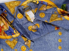 1990S GIANNI VERSACE Men's Silk Blue Jeans Denim Printed Shirt