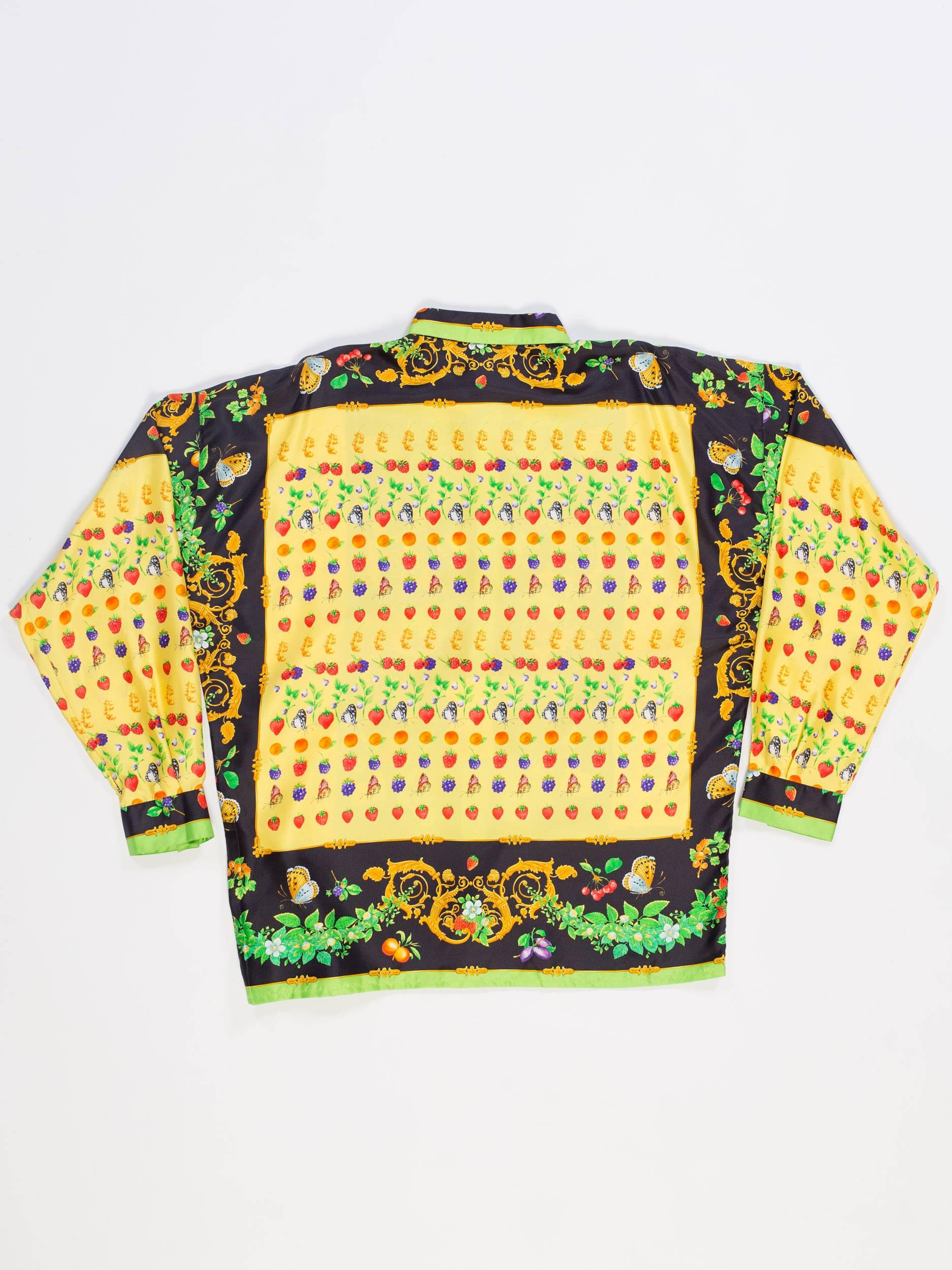 Yellow 1990s Gianni Versace Garden Beatles and Fruit Baroque Silk Shirt