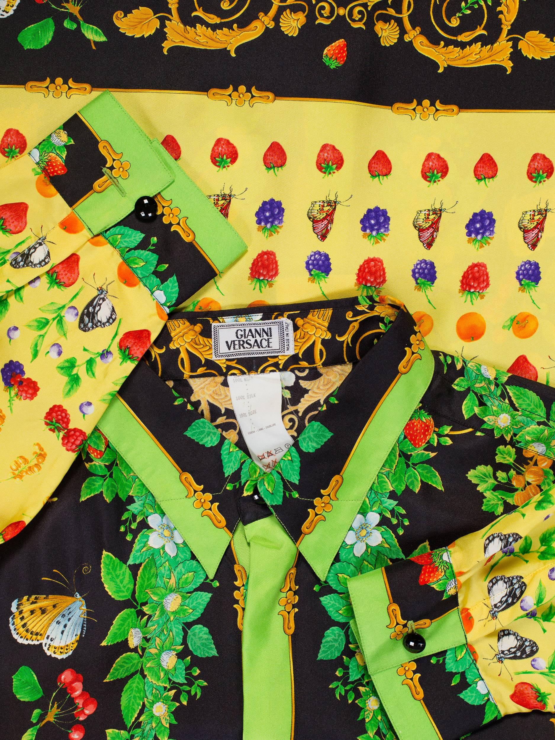 1990s Gianni Versace Garden Beatles and Fruit Baroque Silk Shirt In Excellent Condition In New York, NY