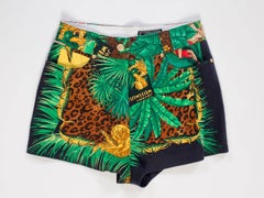 1990S GIANNI VERSACE Cotton Denim Tarzan Leopard Jungle Print Shorts