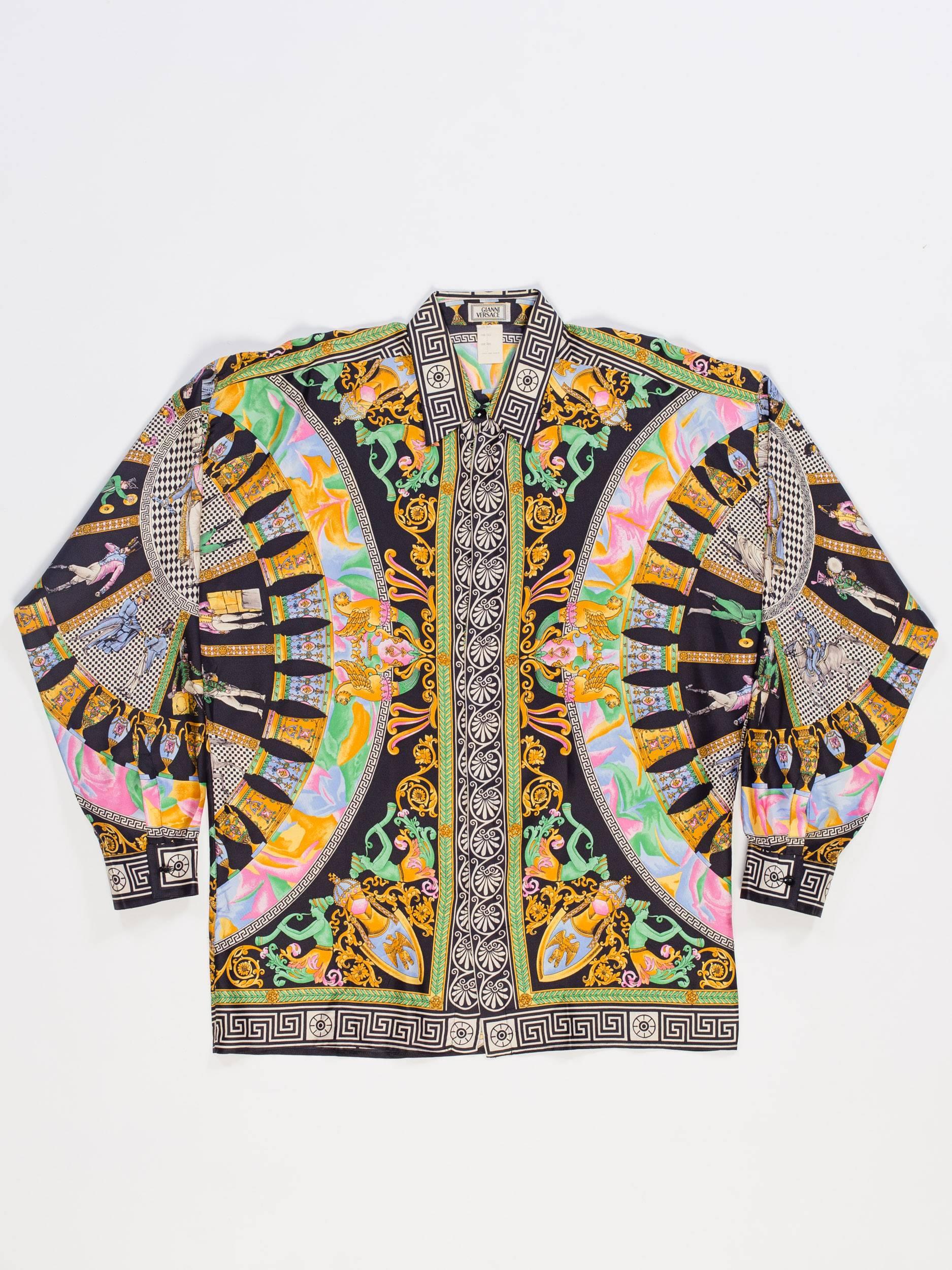 Brown 1990s Gianni Versace Neoclassical Greek Key Napoleonic Dandy Print Silk Shirt
