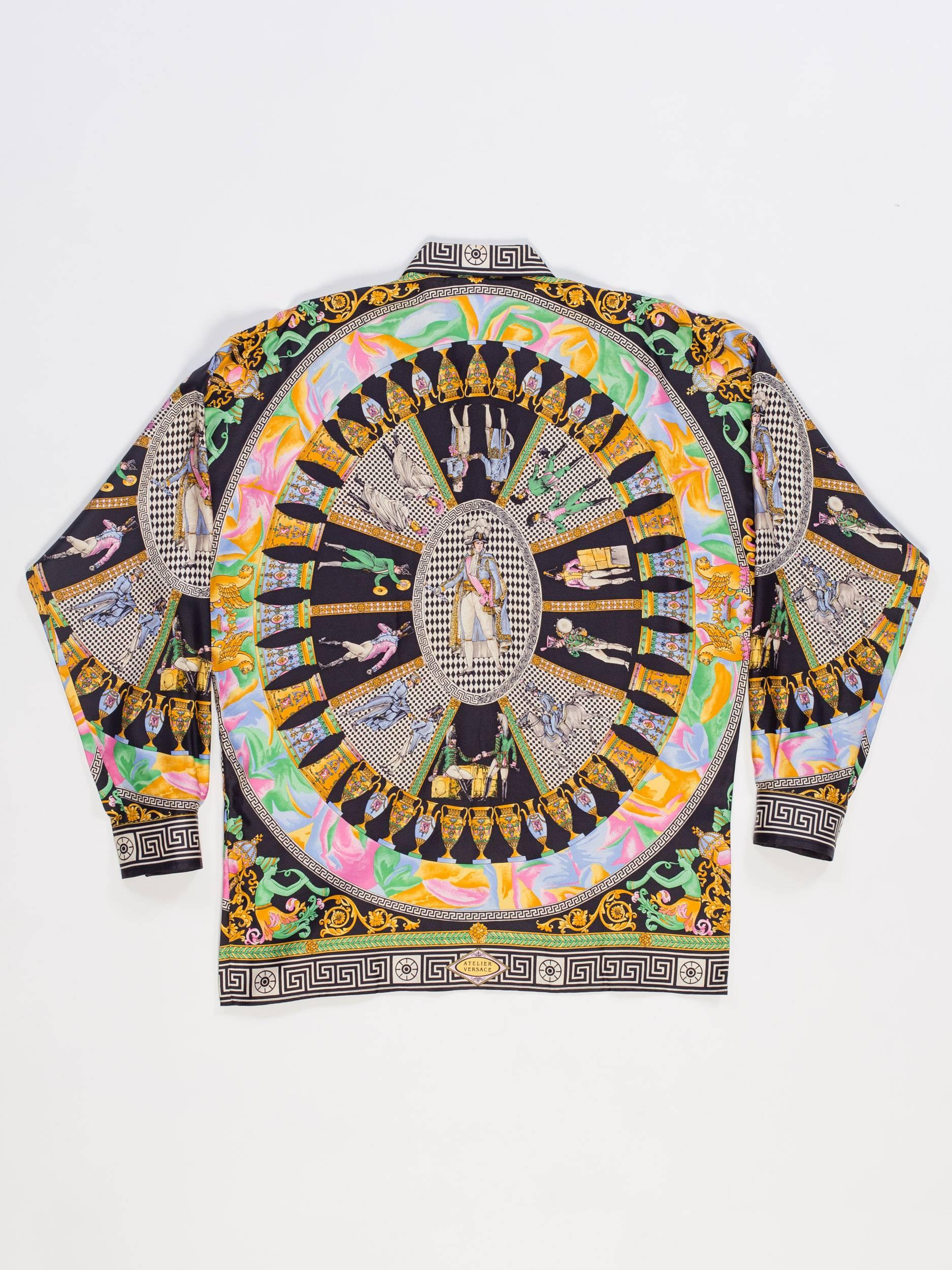 1990s Gianni Versace Neoclassical Greek Key Napoleonic Dandy Print Silk Shirt In Excellent Condition In New York, NY