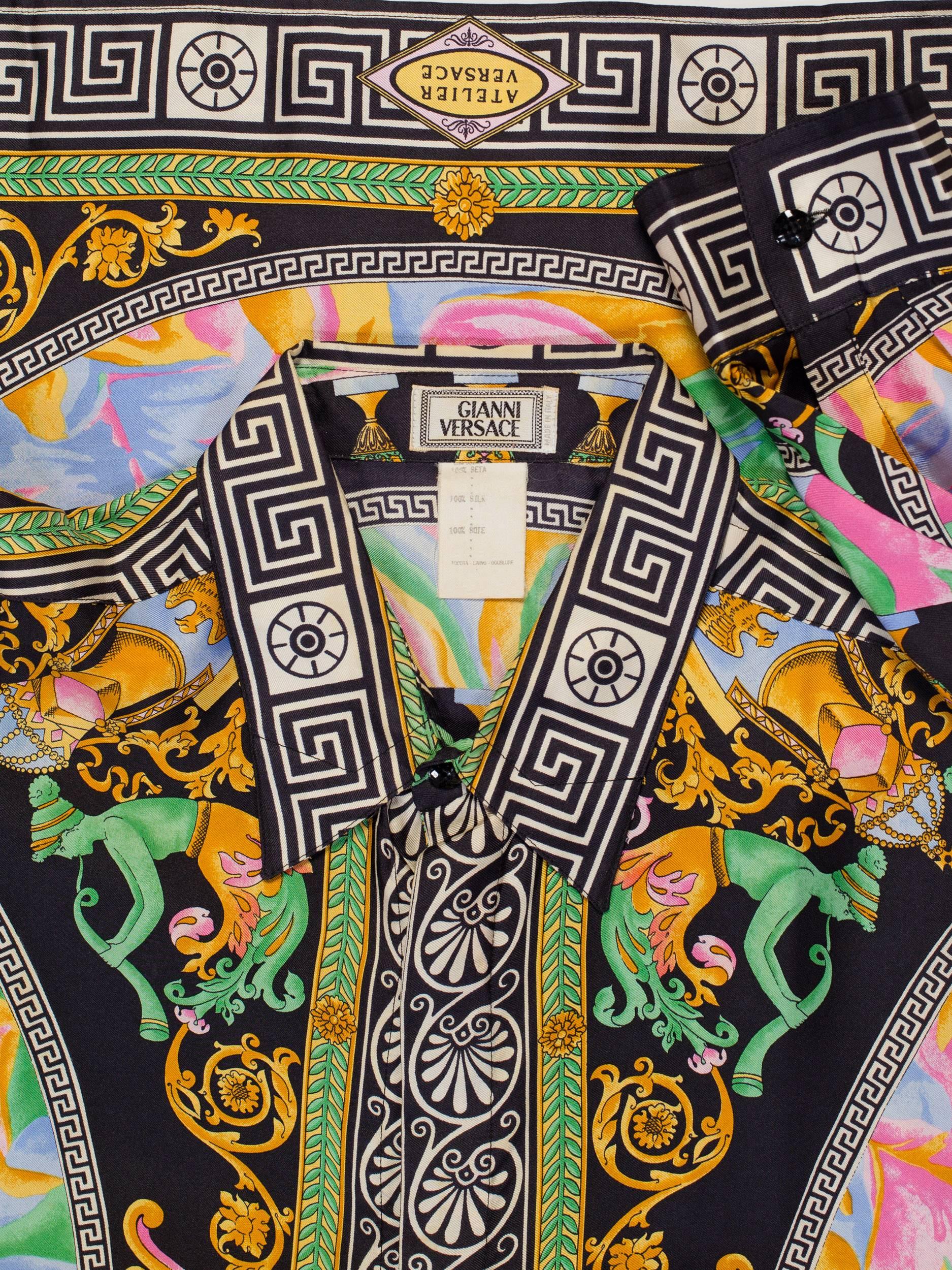Men's 1990s Gianni Versace Neoclassical Greek Key Napoleonic Dandy Print Silk Shirt