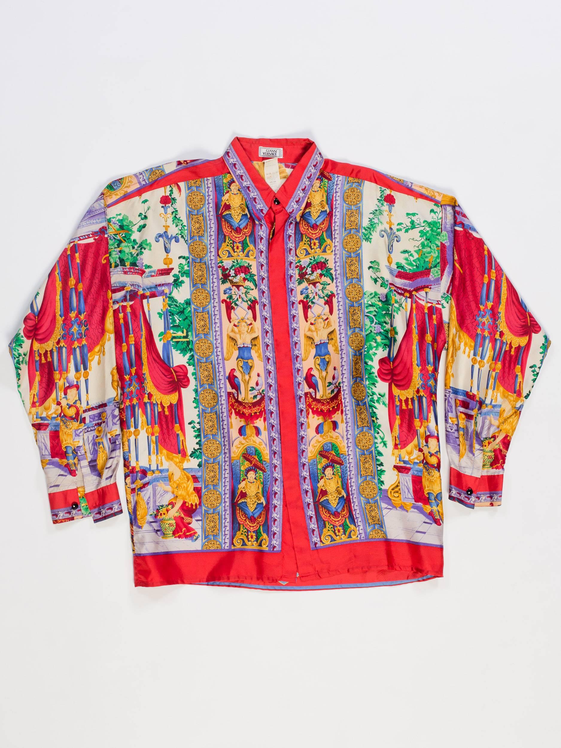 Brown 1990s Gianni Versace Men's Silk Chinese Royalty Garden Shirt