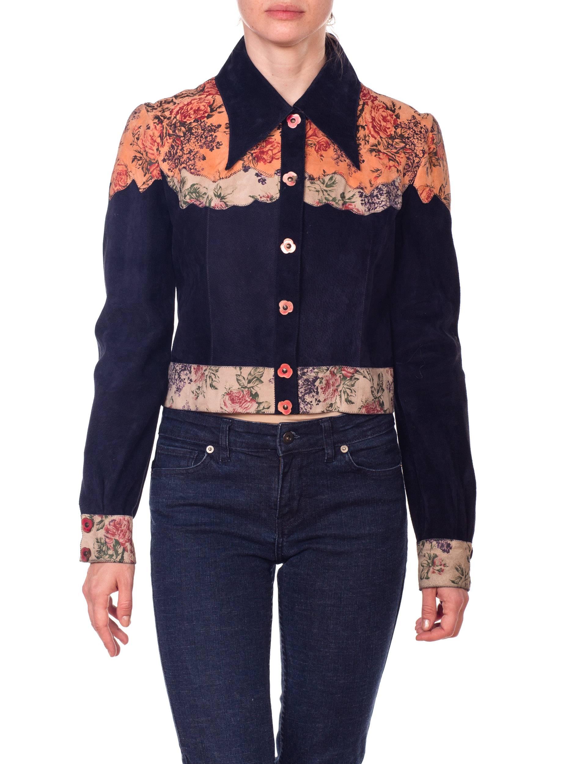 1970s Roberto Cavali Floral Printed Navy Suede Shirt Jacket In Excellent Condition In New York, NY