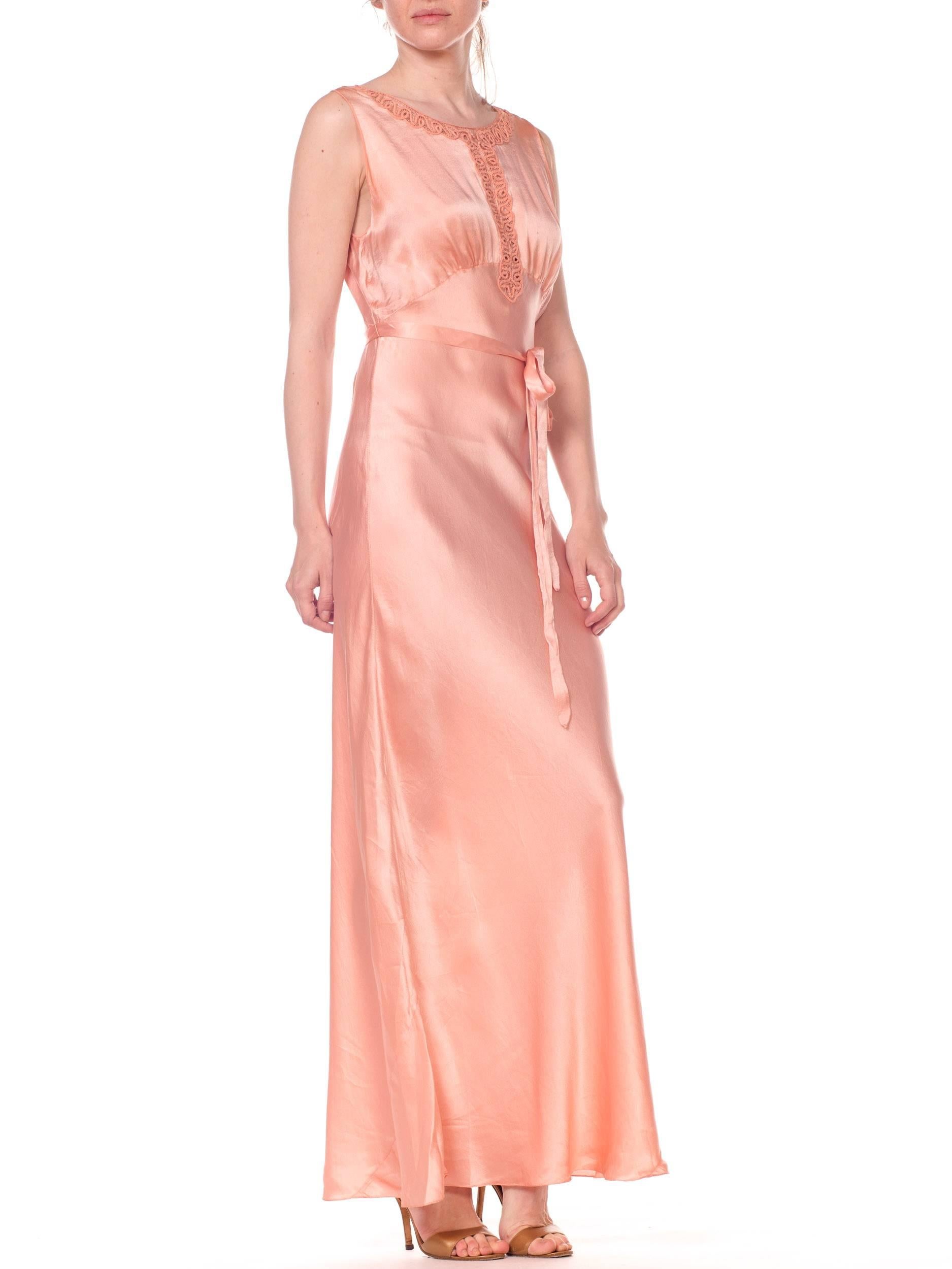 1930S Blush Pink Haute Couture Silk Charmeuse Bias Cut Negligee With Handmade Lace Neckline