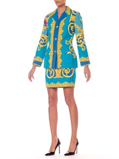 1990S GIANNI VERSACE Istante Cotton Baroque Floral Printed Skirt Suit With Gold